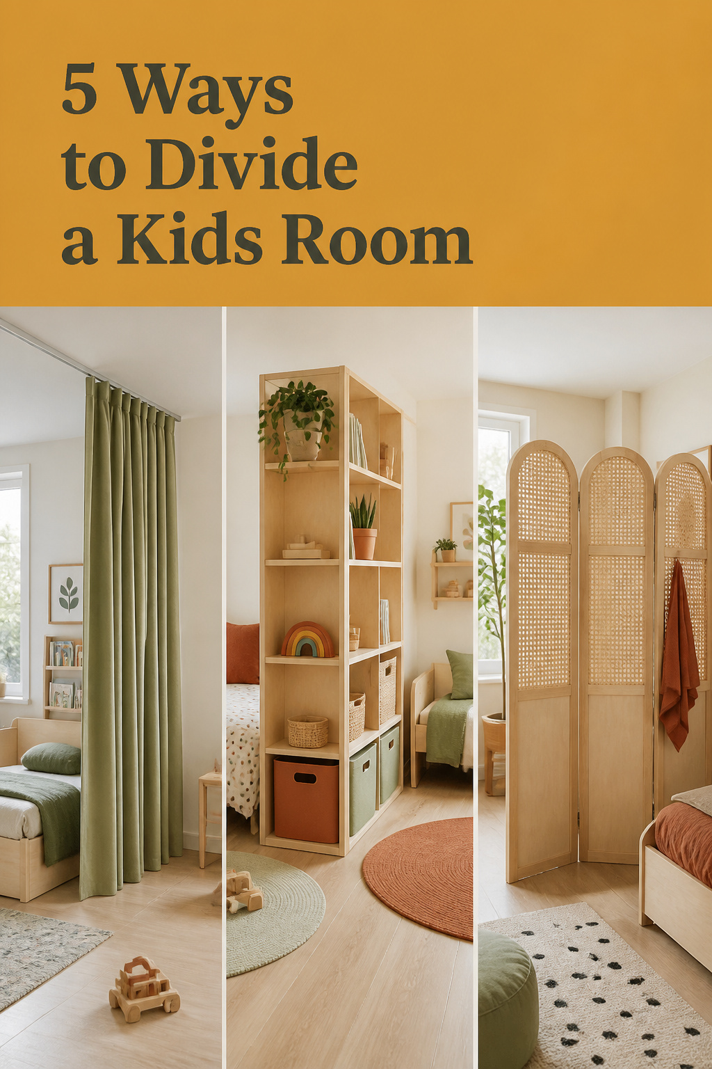 Pinterest pin comparing five room divider ideas for a shared bedroom, including a ceiling-track curtain, birch shelving and a folding screen