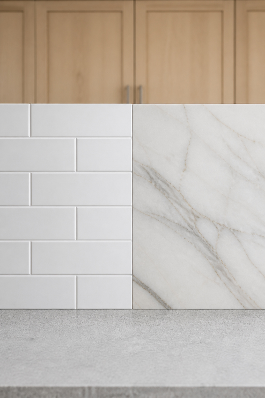 Side-by-side kitchen backsplash comparison: budget white ceramic subway tile on the left, honed marble slab with veining on the right