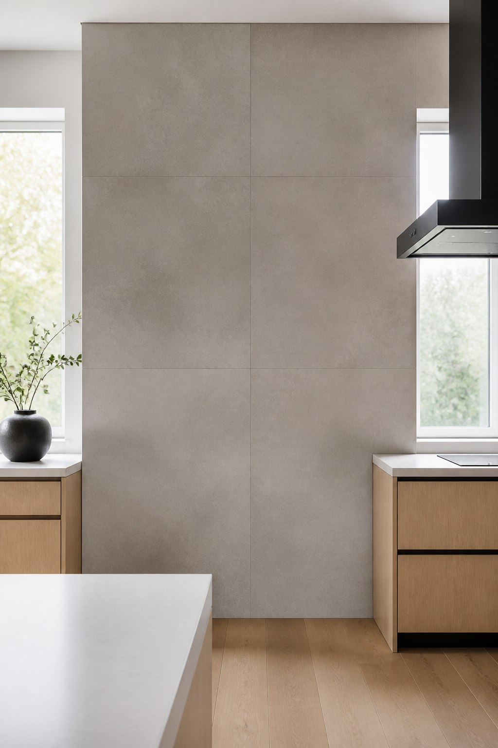 Contemporary kitchen with full-height large-format pale grey porcelain tile running from countertop to ceiling with minimal visible grout lines