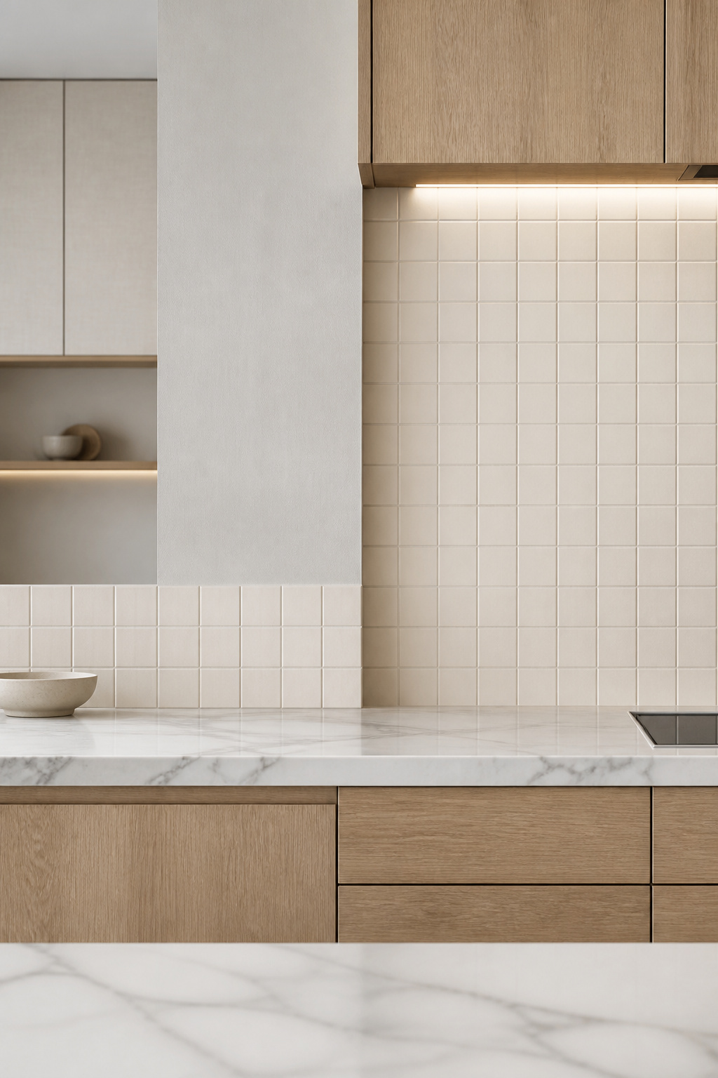 Two kitchen backsplash height options shown side by side: a 4-inch standard band and a full-height run to the bottom of upper cabinets