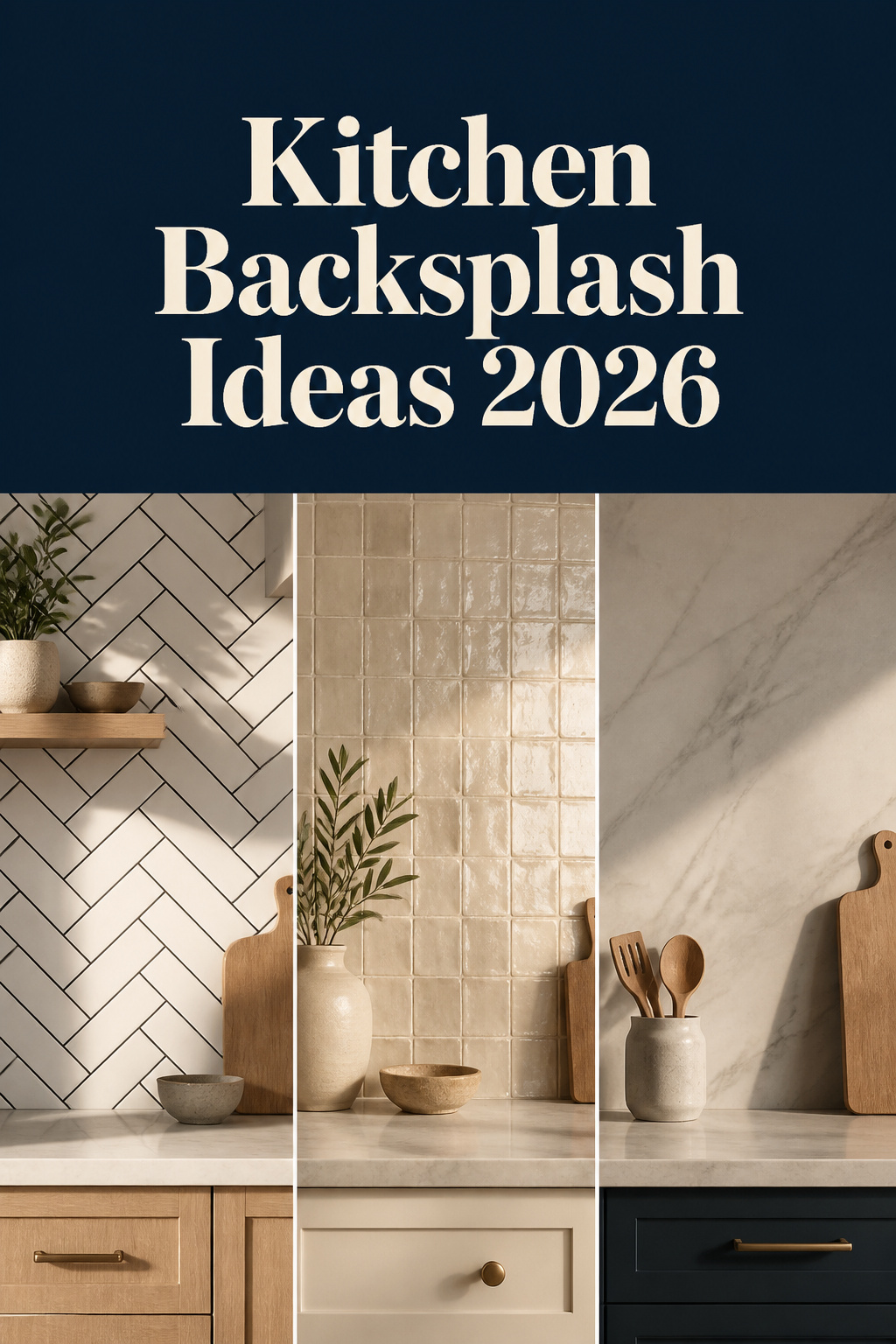 Three kitchen backsplash styles side by side: herringbone subway tile with dark grout, cream zellige, and a large-format porcelain slab