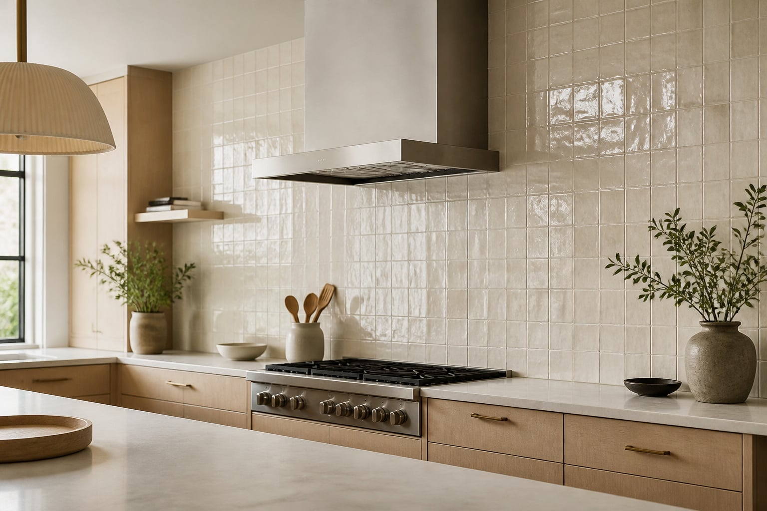 A kitchen backsplash of cream zellige tile running from countertop to ceiling behind the range, paired with pale wood cabinets and a stone countertop