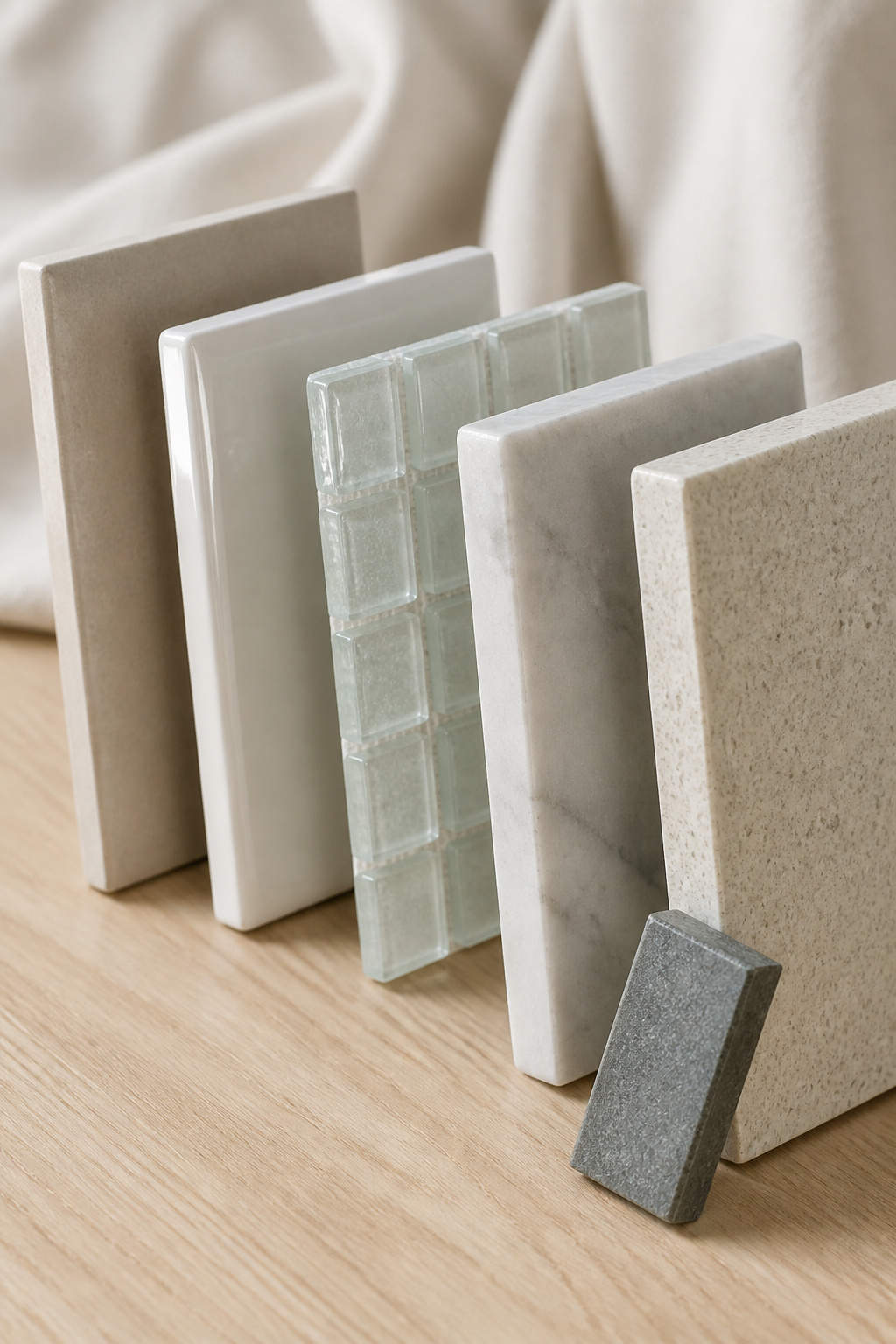 Five backsplash material samples in a row: matte ceramic tile, glossy porcelain tile, glass mosaic, honed marble slab, and quartz offcut