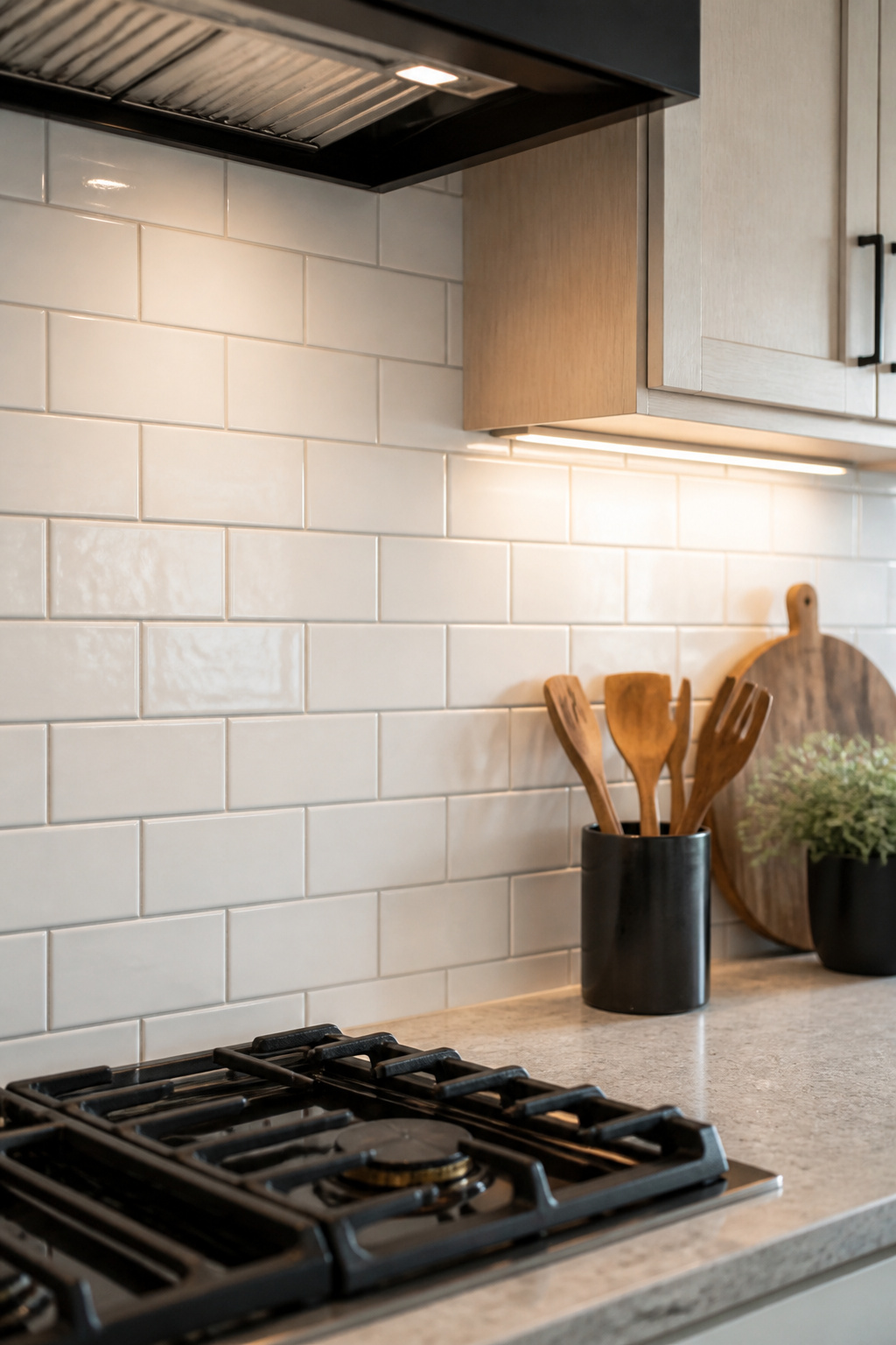 White subway tile backsplash running from countertop to range hood directly behind a gas cooktop