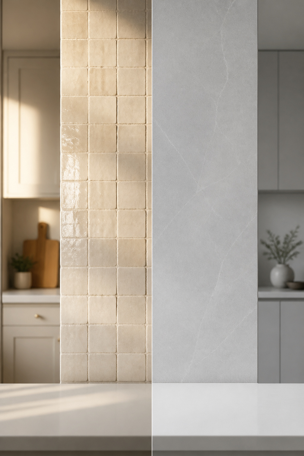 Split-frame kitchen backsplash comparison: cream zellige tile with irregular glaze on the left, large-format pale grey porcelain slab on the right