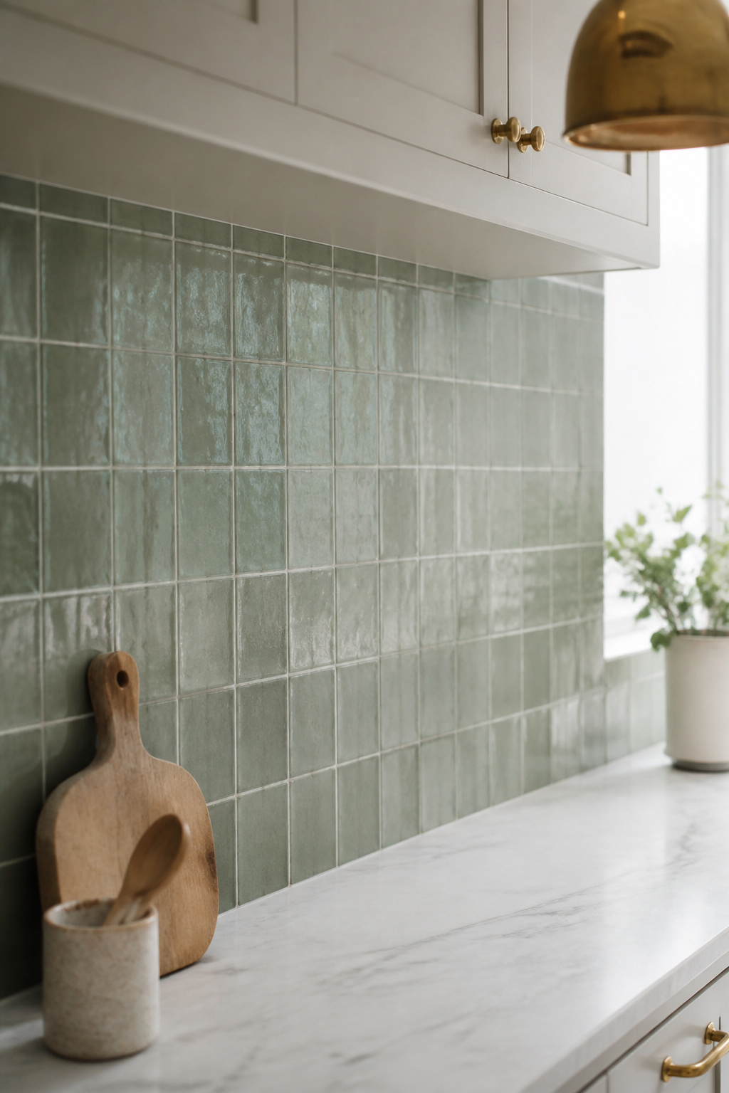 White shaker cabinets with sage-green zellige tile backsplash and white marble countertop — the tile colour brings personality to the neutral cabinet tone