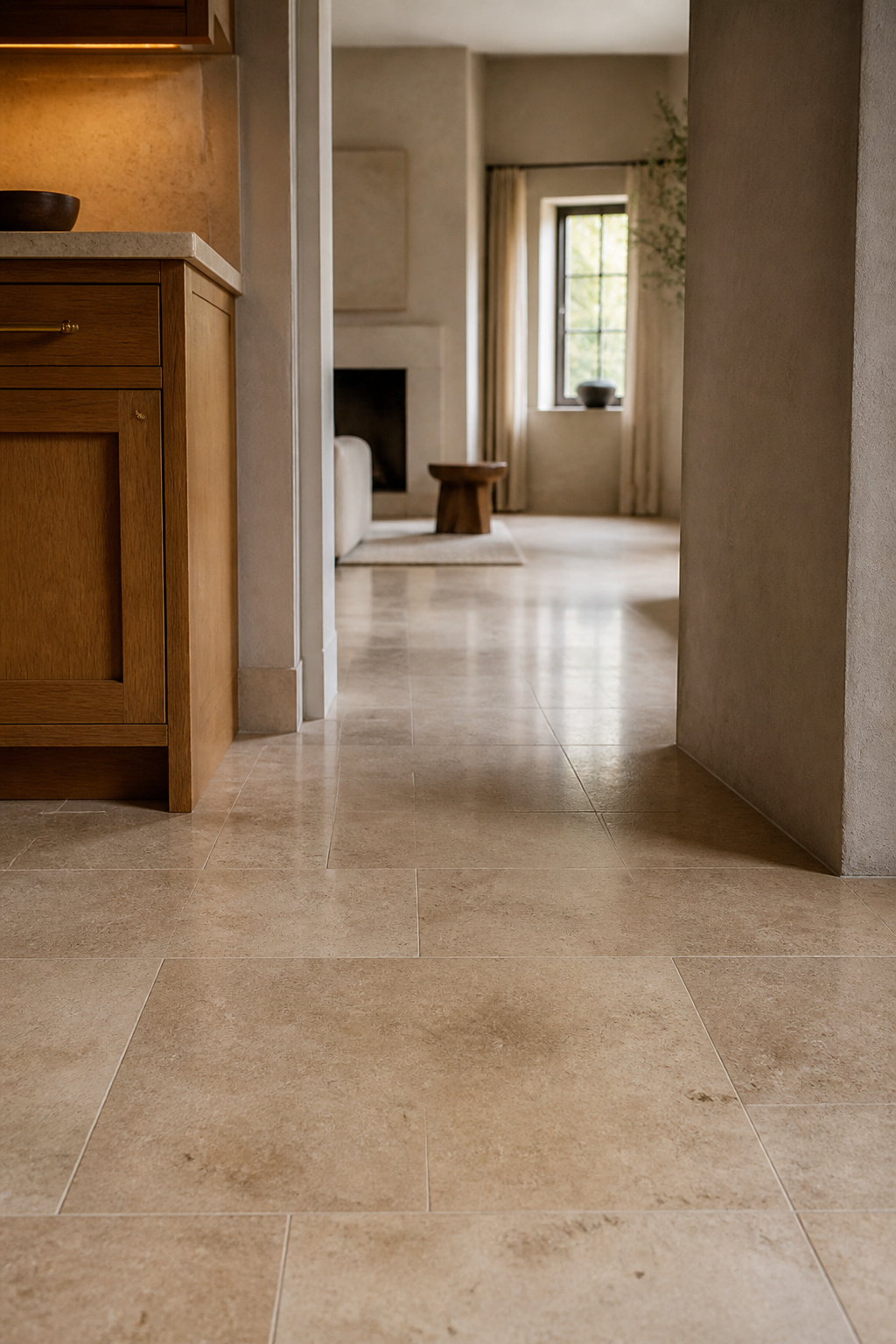 Honed limestone floor tile continuing from a small kitchen into an adjoining room