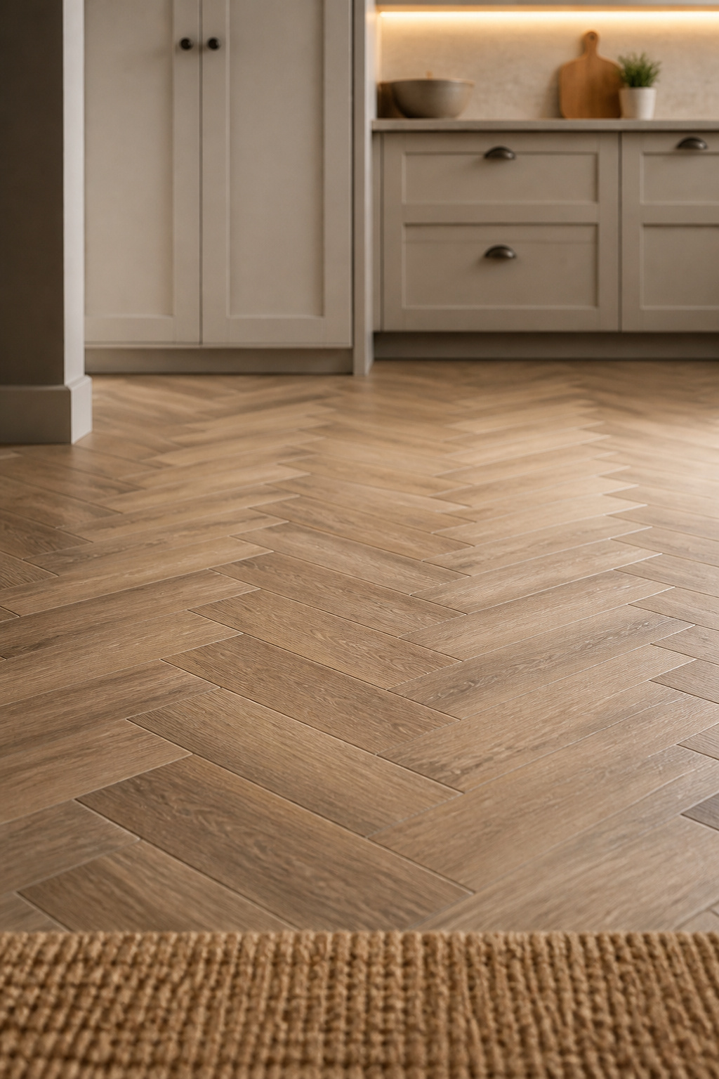 Budget wood-look porcelain plank kitchen floor laid in a herringbone pattern