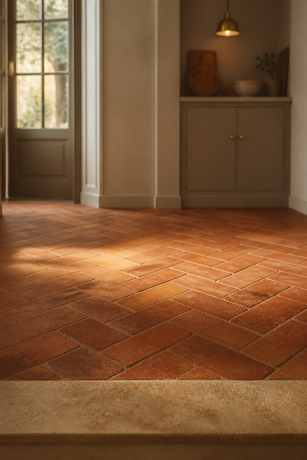 Terracotta clay tile kitchen floor laid in a herringbone pattern