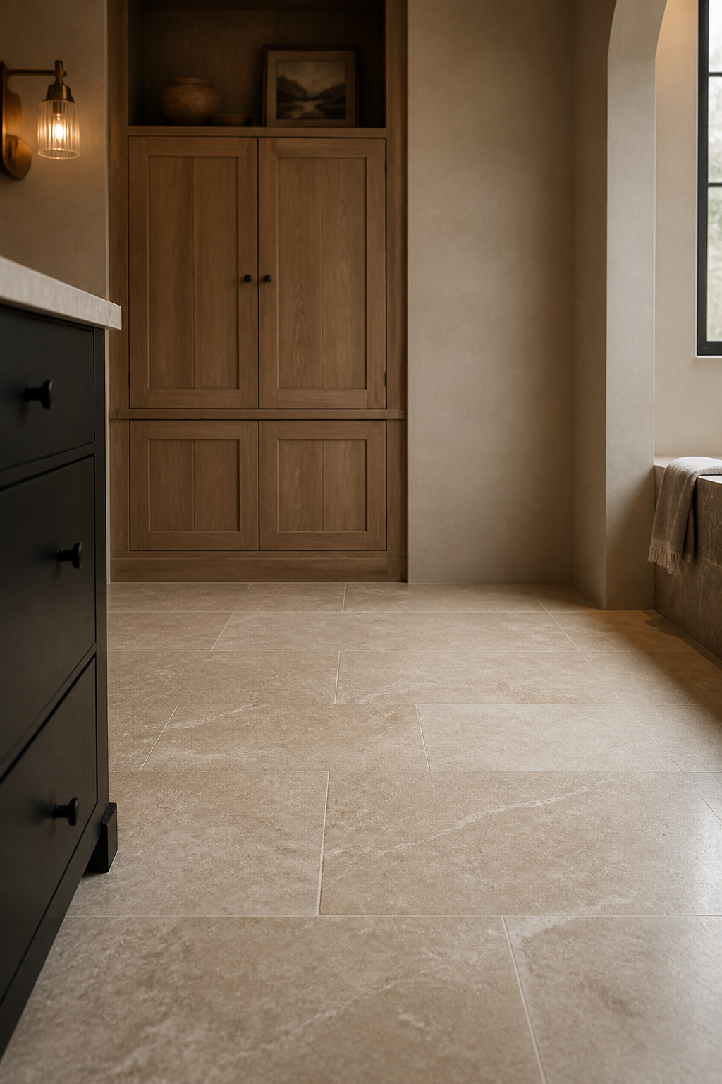 Honed dijon limestone kitchen floor tile with beige-to-grey tonal variation