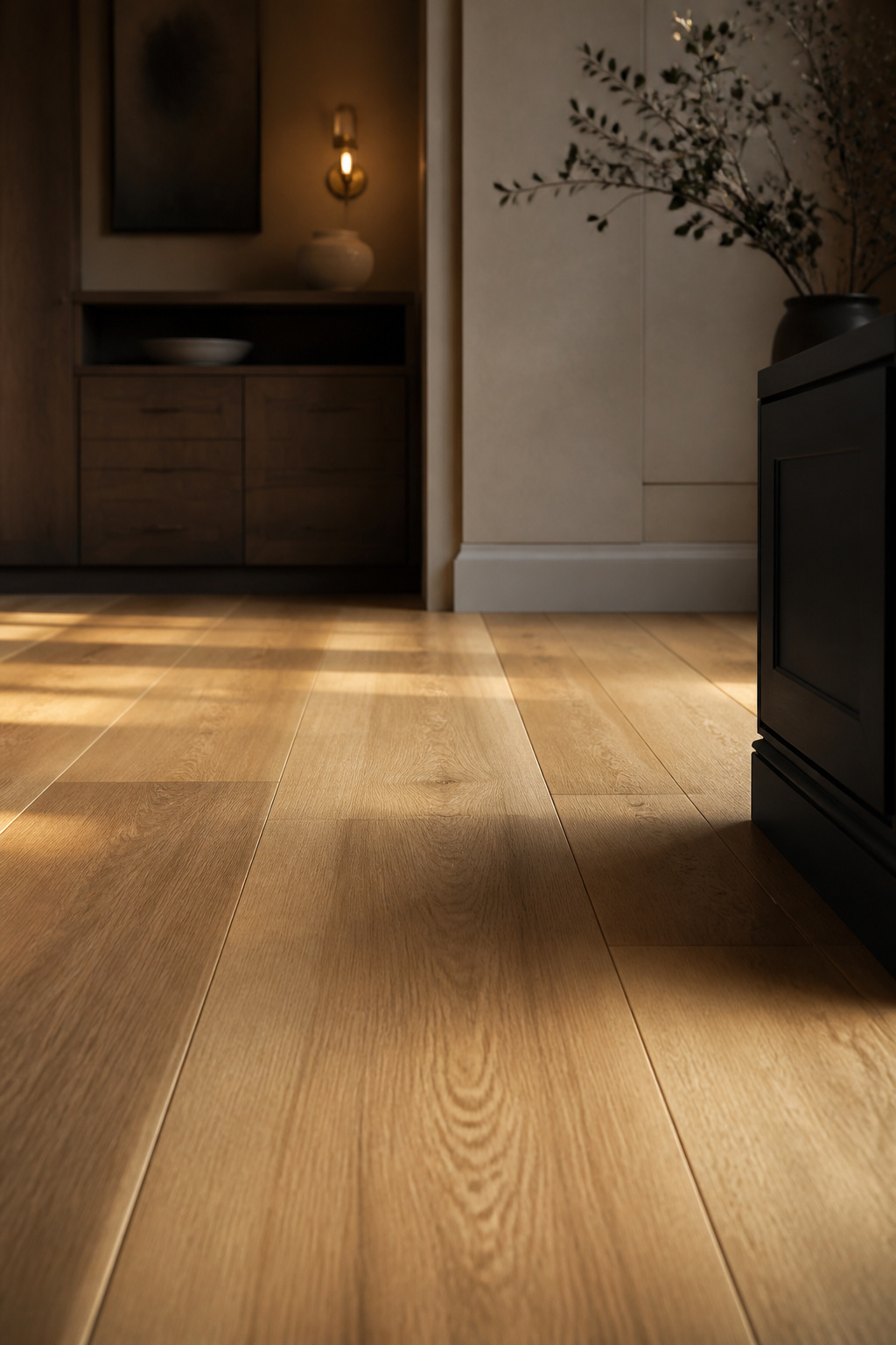 Wide-plank honey rift-sawn oak kitchen floor with straight, consistent grain