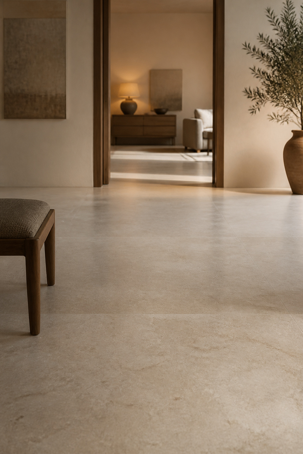 Large-format honed limestone floor with minimal grout lines running continuously toward an adjoining room