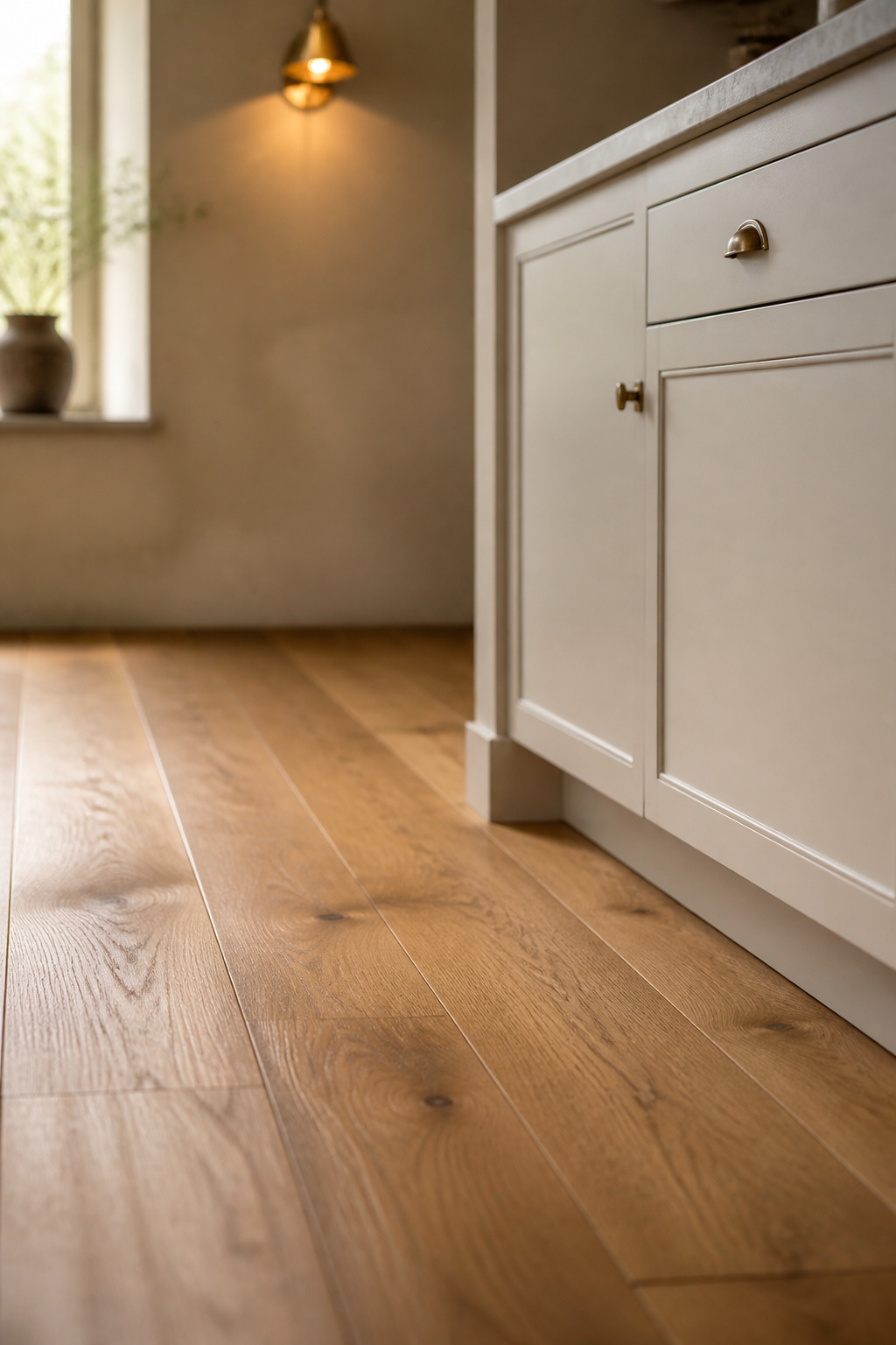 Honey oak kitchen floor meeting warm white inset cabinetry with brass hardware