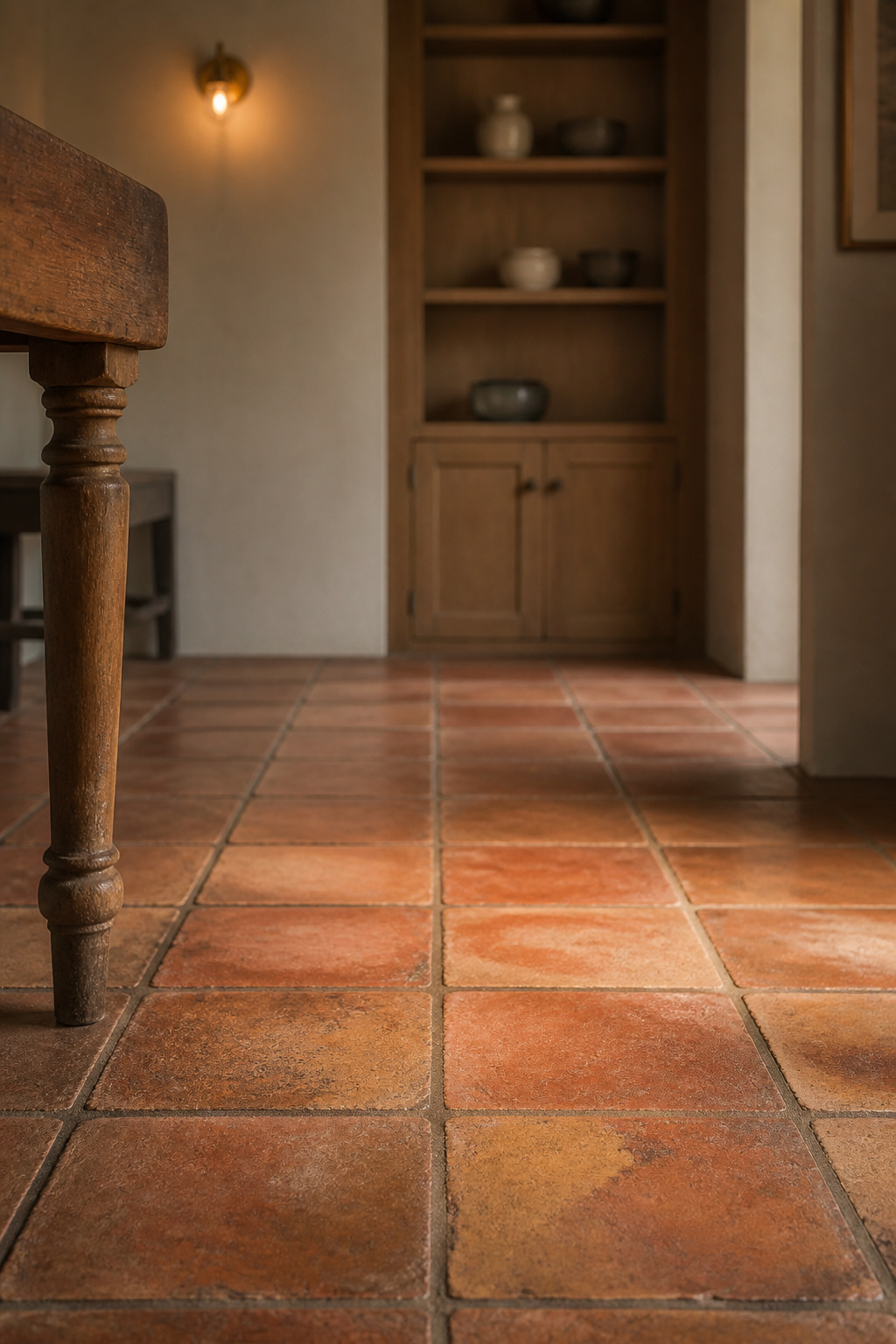 Handmade saltillo terracotta kitchen floor tile with visible patina