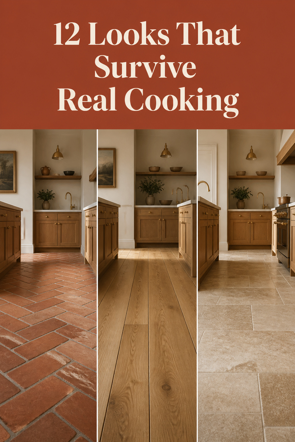 Pinterest collage of terracotta herringbone, honey oak, and honed limestone kitchen floor looks with headline '12 Looks That Survive Real Cooking'
