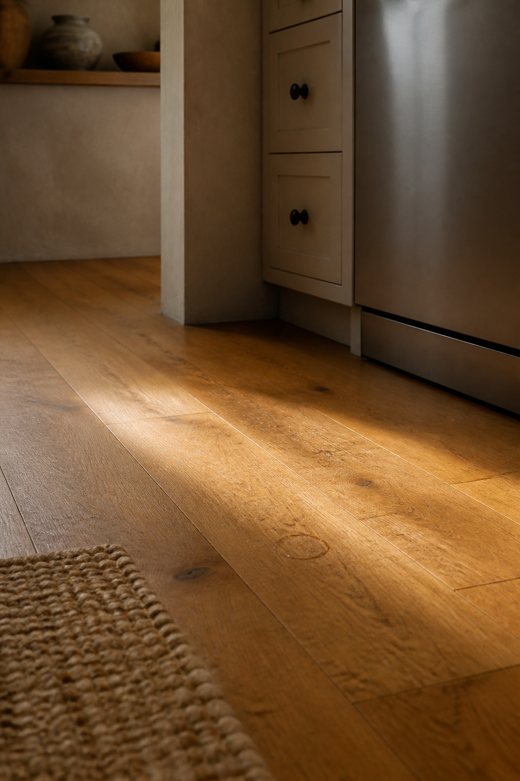 Honey oak wide-plank kitchen floor with raking light revealing fine scratches and a faint water ring near cabinetry