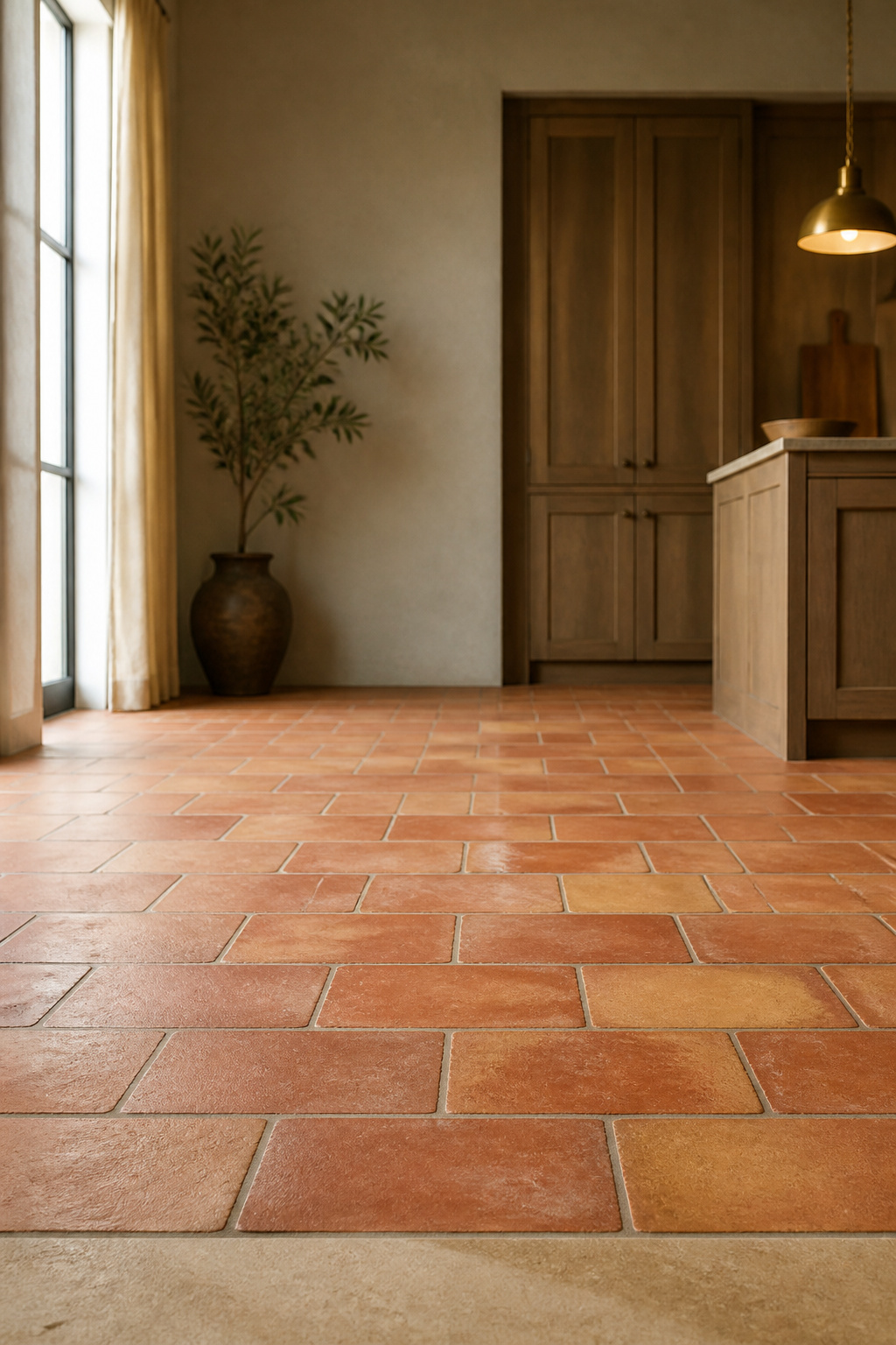 Terracotta clay tile kitchen floor in a running-bond pattern with honey oak inset cabinetry blurred behind it