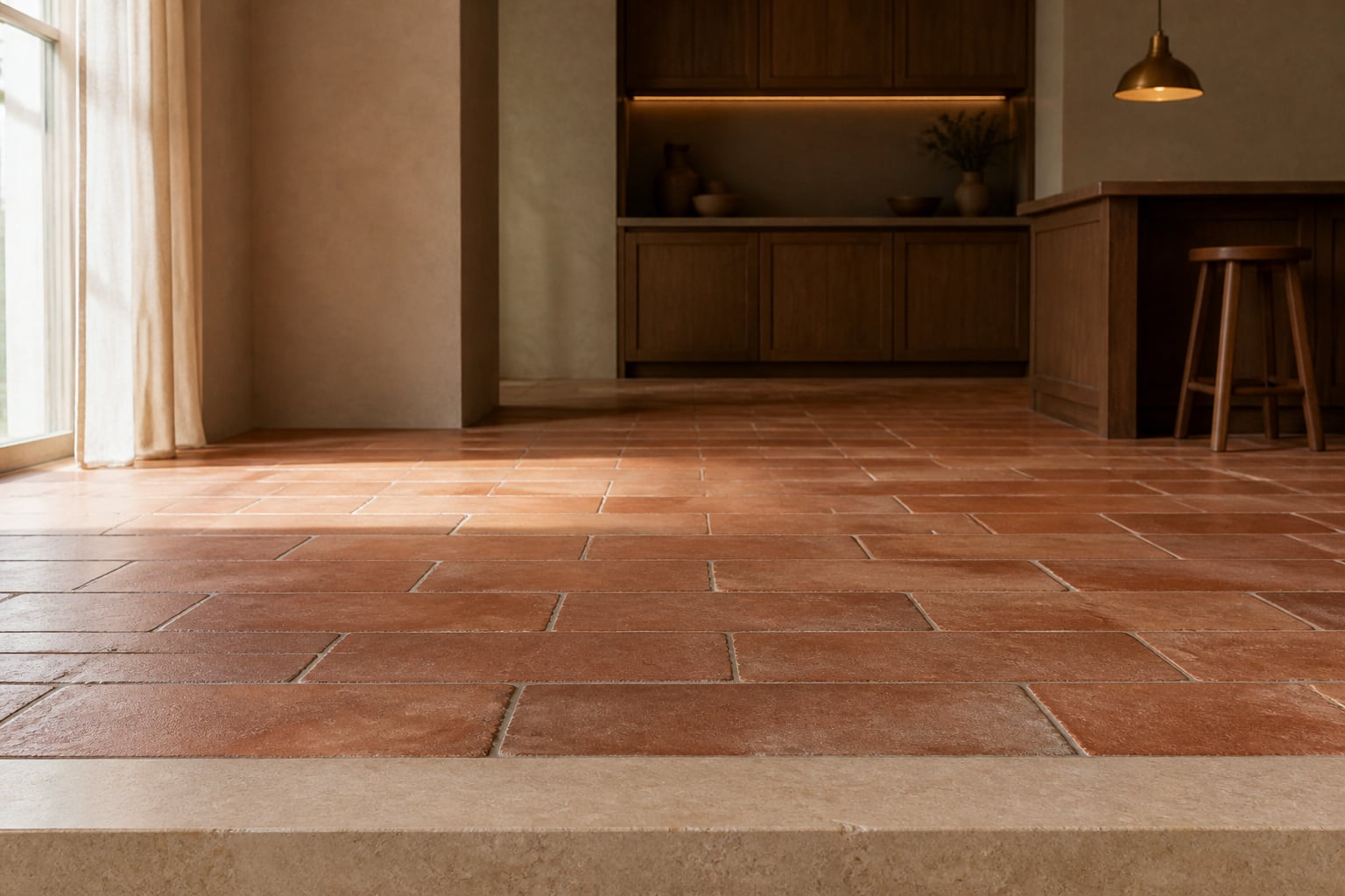 Terracotta clay tile kitchen floor in a running-bond pattern with honey oak inset cabinetry blurred behind it