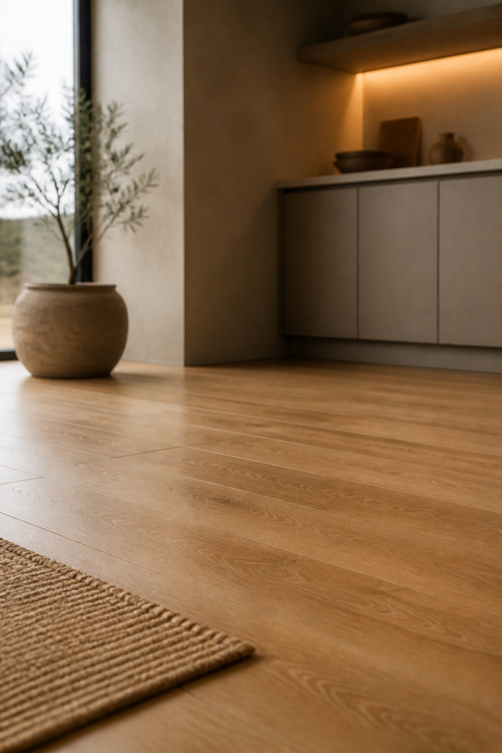 Matte wood-look porcelain plank kitchen floor mimicking honey oak grain
