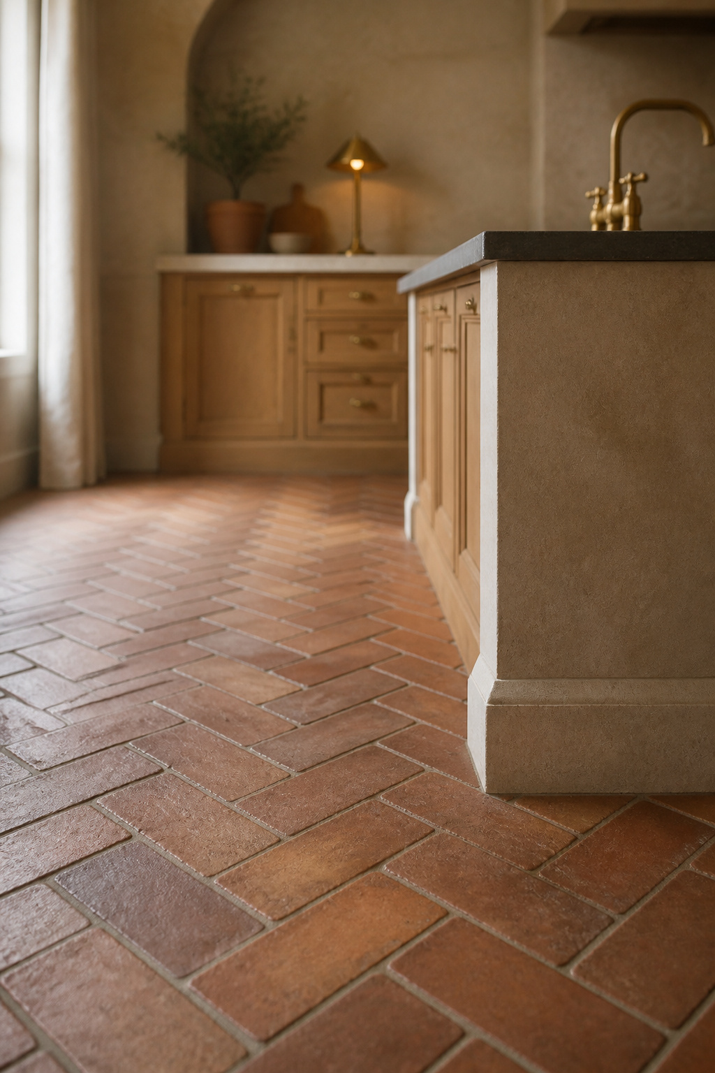 Herringbone terracotta kitchen floor tile pattern resolving cleanly against the base of a kitchen island