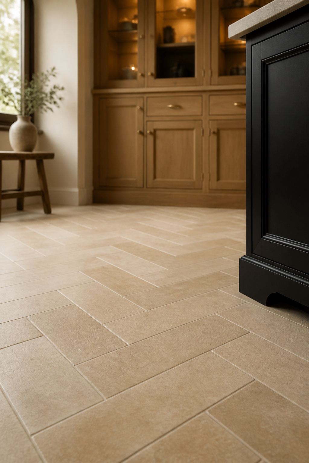Herringbone pattern laid in honed dijon limestone floor tile with tight even grout joints and a matte black cabinet toe-kick blurred behind it