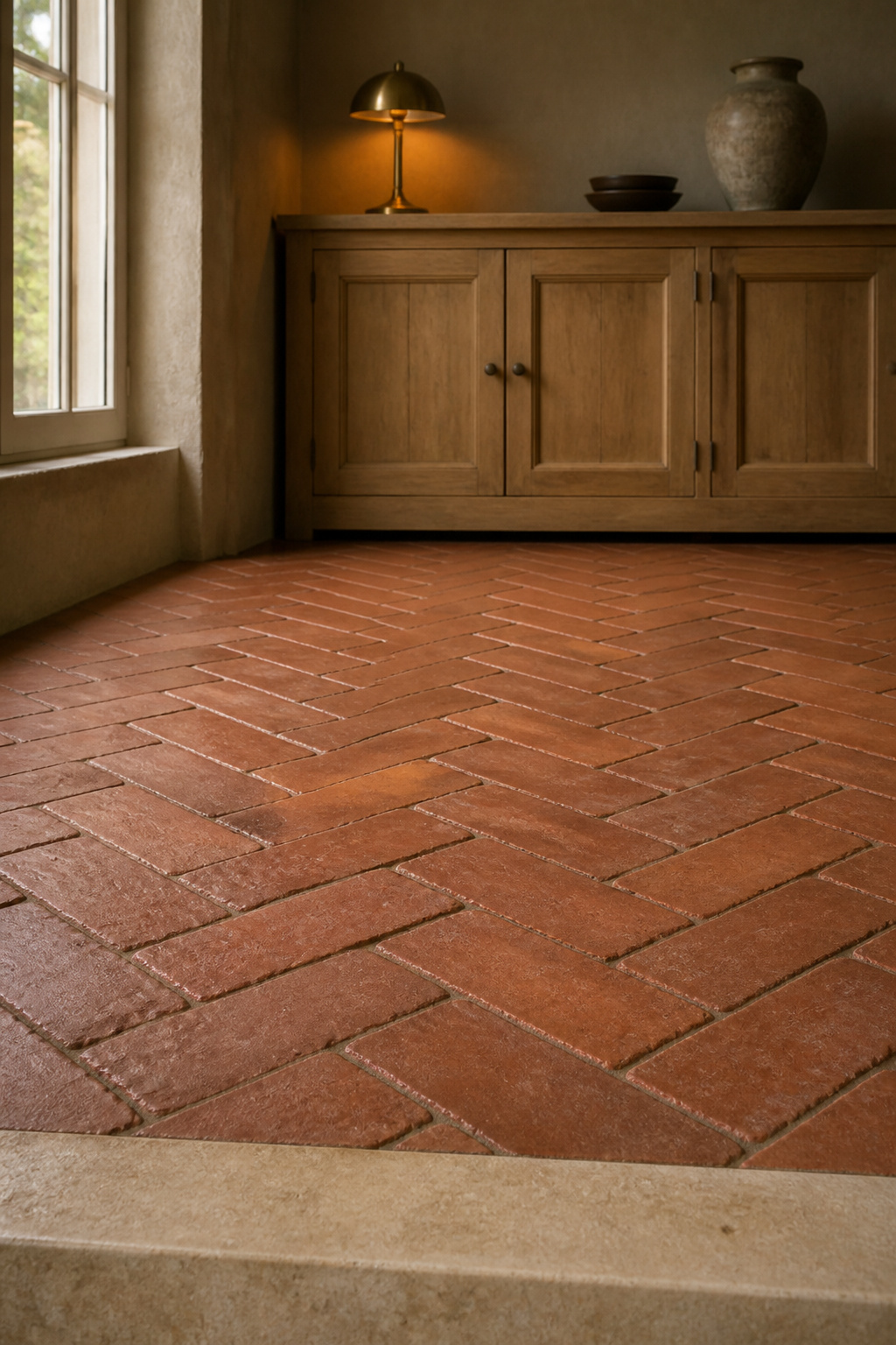Herringbone-laid terracotta kitchen floor tile photographed at a low floor-forward angle with honey oak inset cabinetry blurred behind it