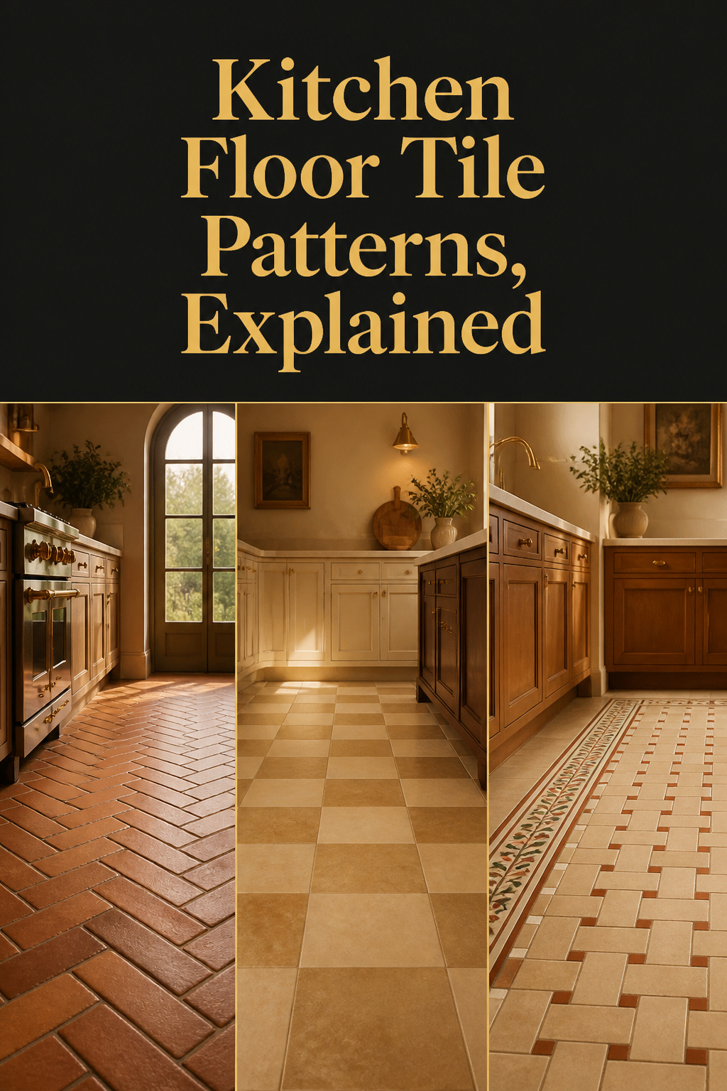 Three-panel Pinterest collage of herringbone, tone-on-tone checkerboard and basketweave-with-encaustic-border kitchen floor patterns with a soft black text band reading Kitchen Floor Tile Patterns, Explained
