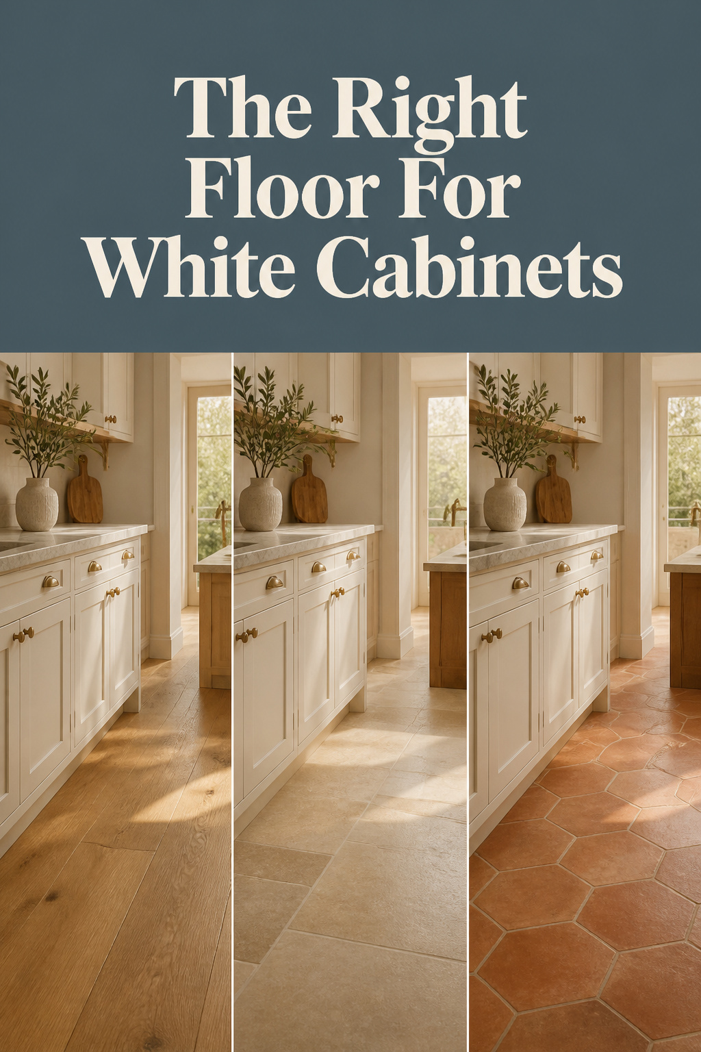 Pinterest pin comparing honey oak, dijon limestone, and terracotta clay floors paired with warm off-white kitchen cabinets