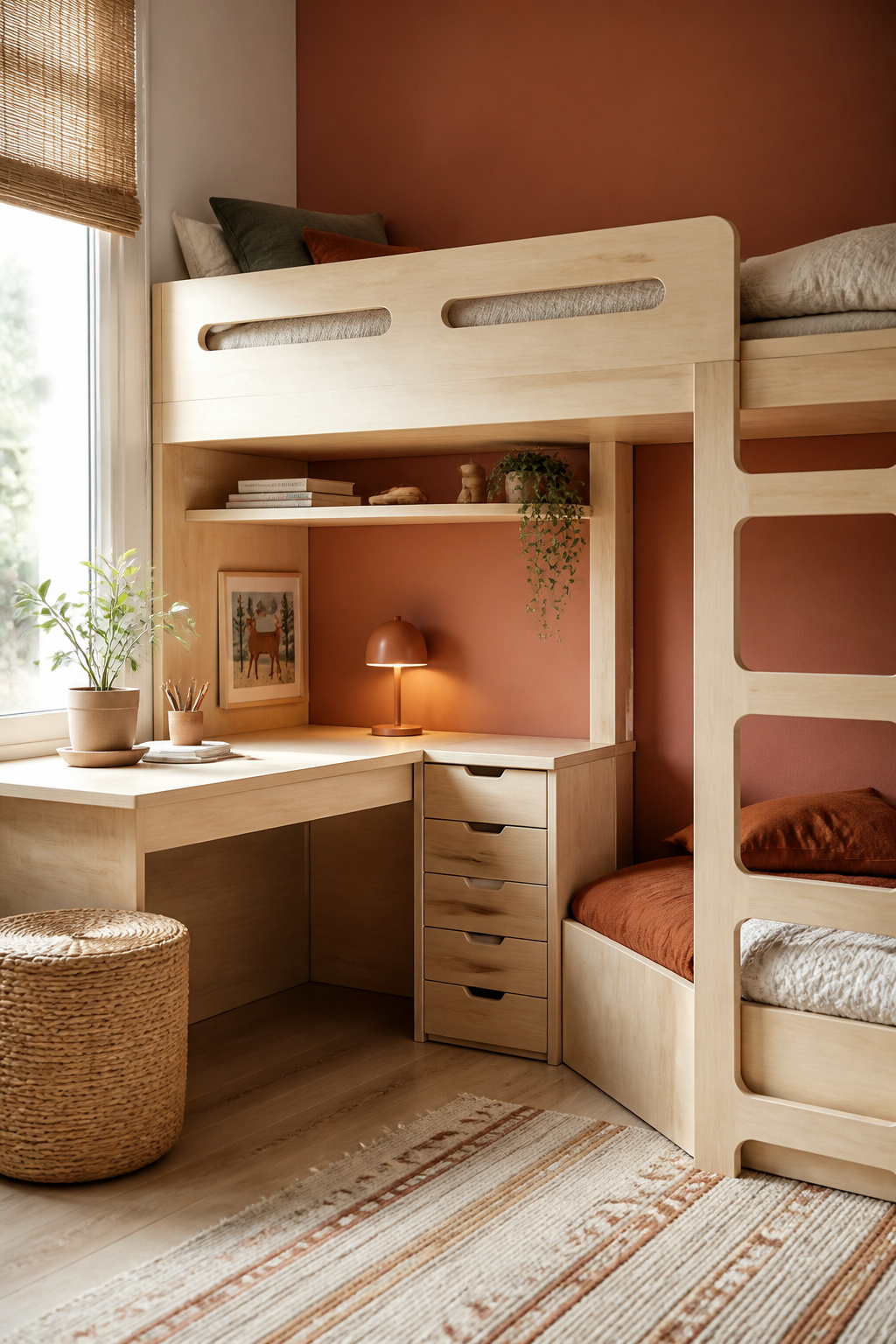L-shaped bunk bed configuration with a built-in desk fitted into the corner pocket created by the perpendicular beds