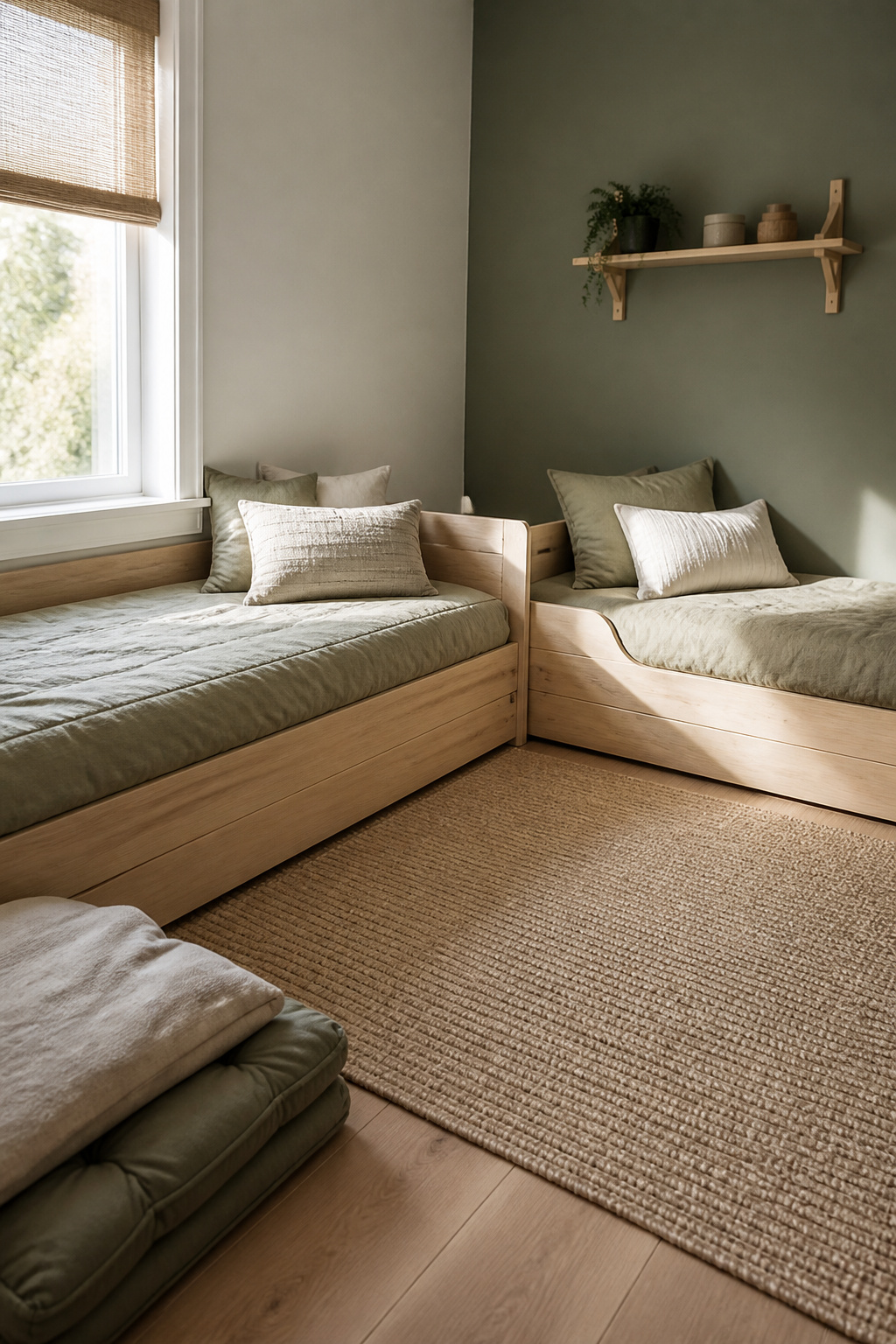 Two twin bed frames set in an L-shape along adjacent walls, leaving an open floor pocket in the room's corner