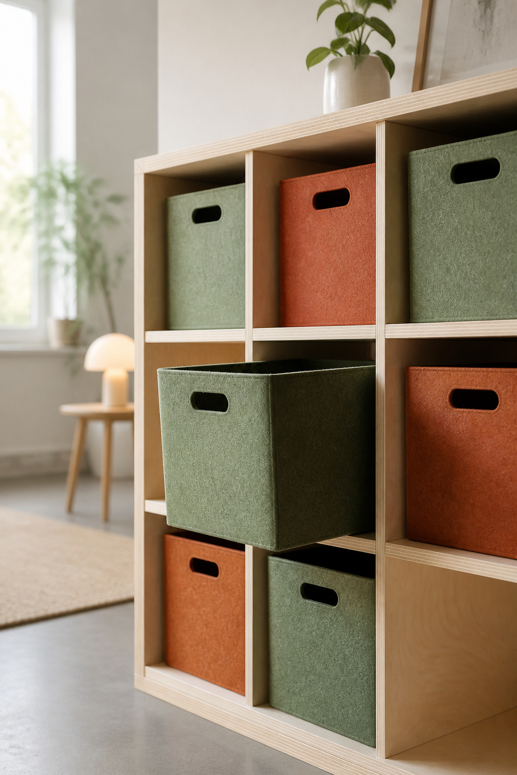 Birch cube shelving unit holding felt storage bins in sage and terracotta accent colours for a shared bedroom