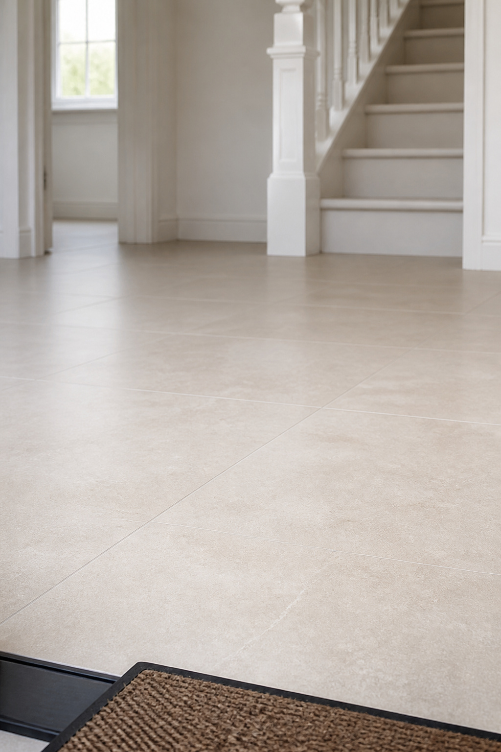 Small foyer floor in 24x24 pale porcelain with colour-matched grout showing a near-seamless continuous surface