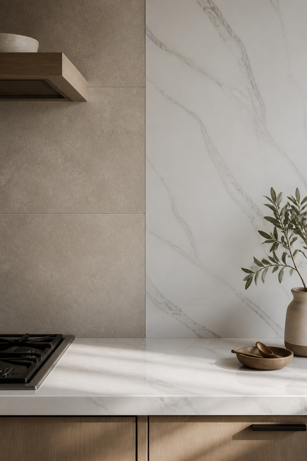 Side-by-side comparison of large-format matte porcelain tile backsplash with minimal grout versus a continuous quartz slab backsplash in a modern kitchen
