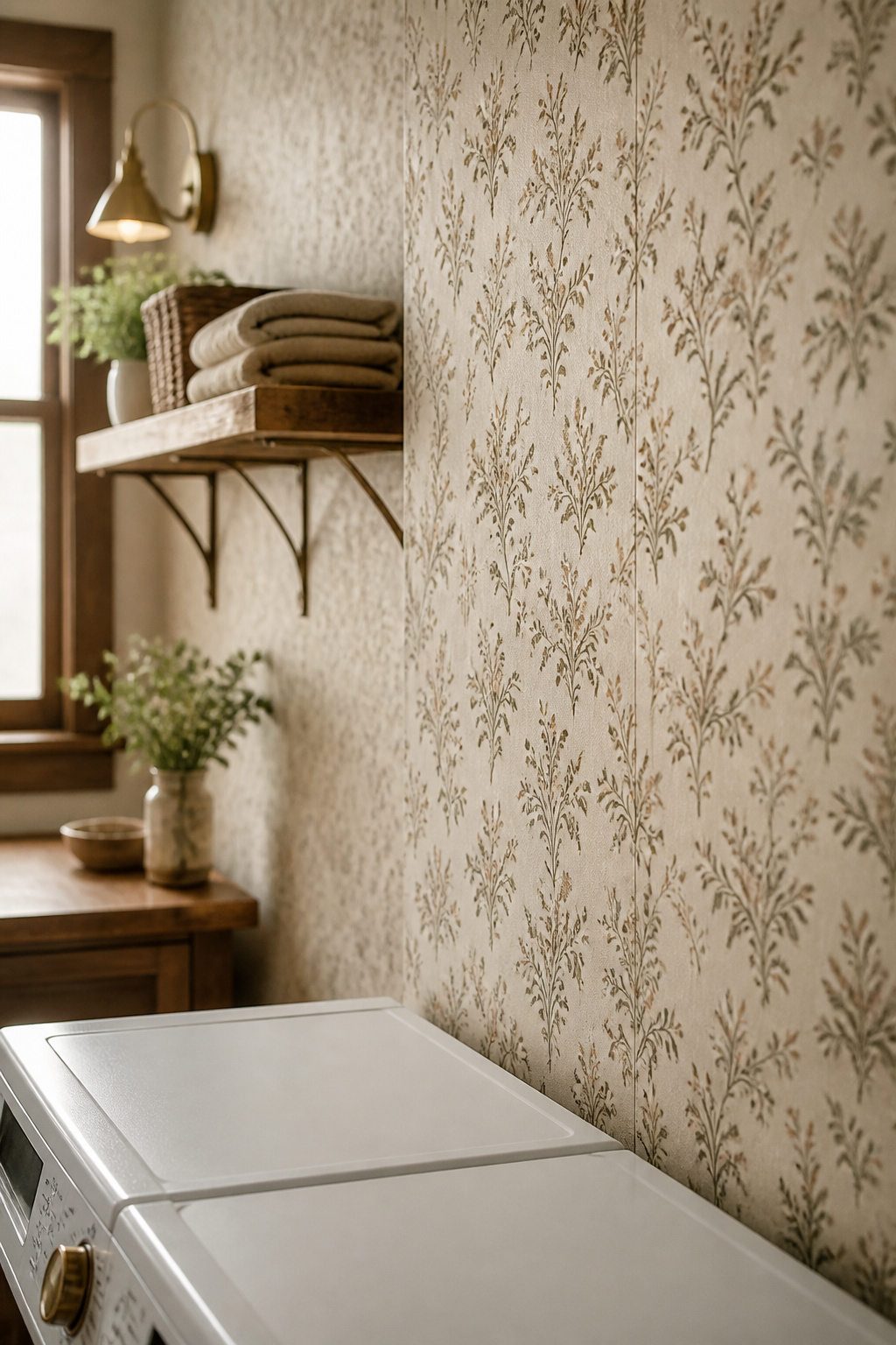 Peel-and-stick vintage botanical wallpaper accent wall behind a washer and dryer in a warm laundry room
