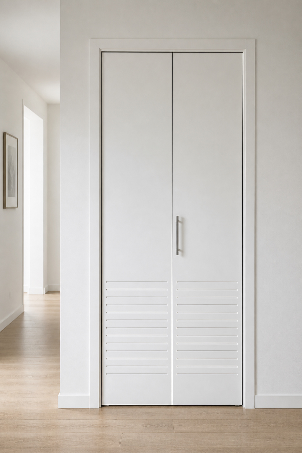 White flat-panel louvered bifold doors on Nordic laundry closet with brushed steel T-bar handle, closed and flush with hallway wall