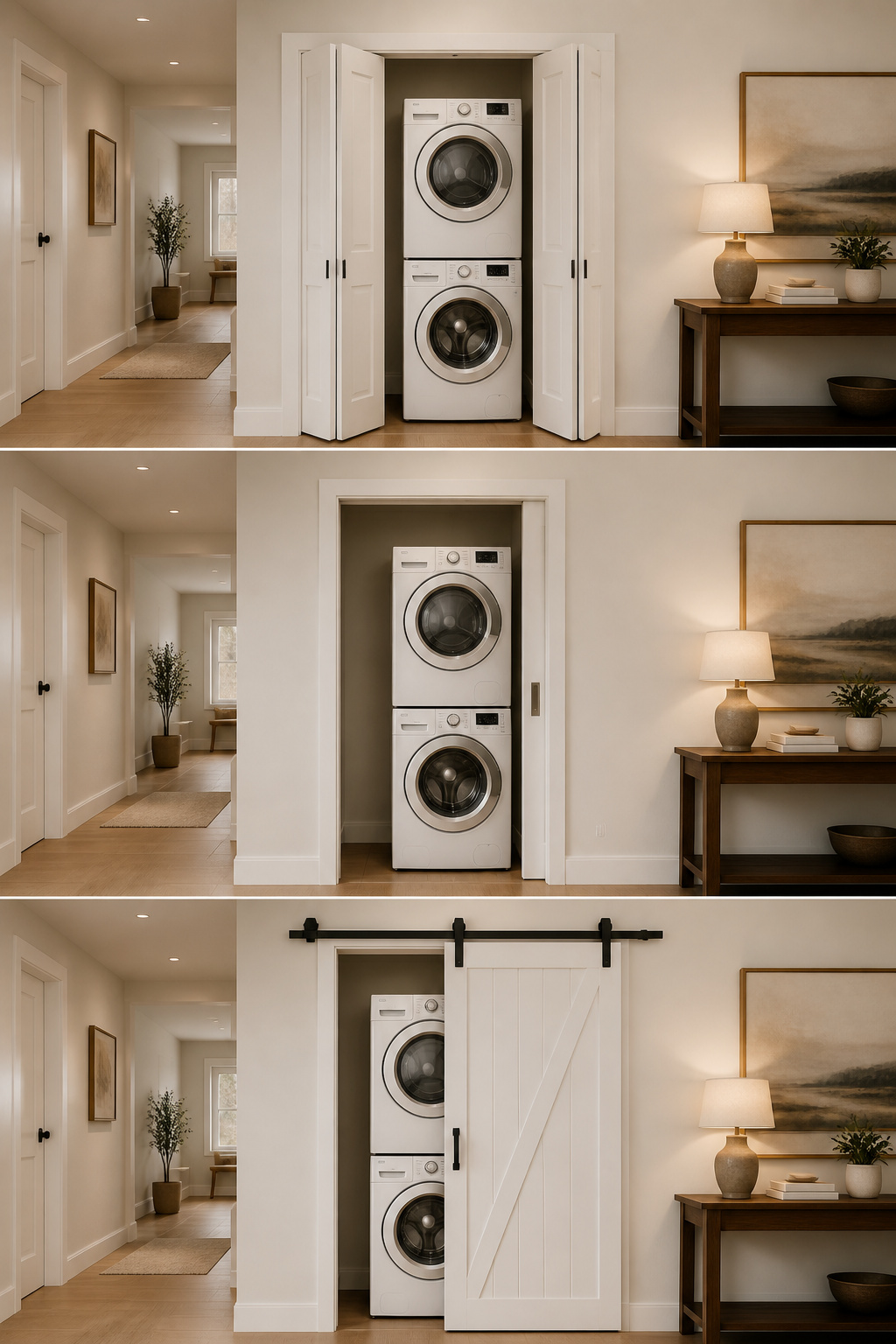 Comparison of bifold, pocket, and barn door options on a converted laundry closet