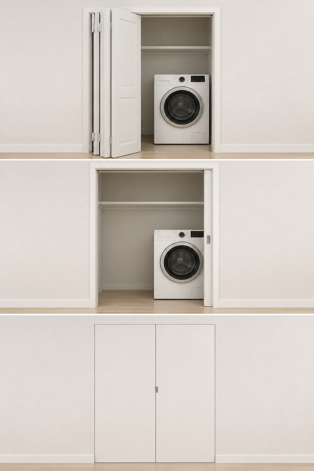 Three-panel comparison of laundry closet door options: bifold showing panel stack, pocket door retracted into wall, and flush cabinet-front panel doors