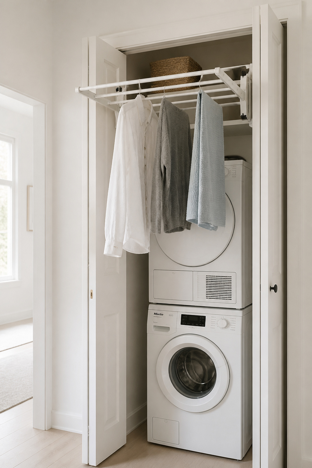 Fold-down drying rack extended in an open white laundry closet with stacked washer and dryer below, linen and knitwear hanging with good spacing