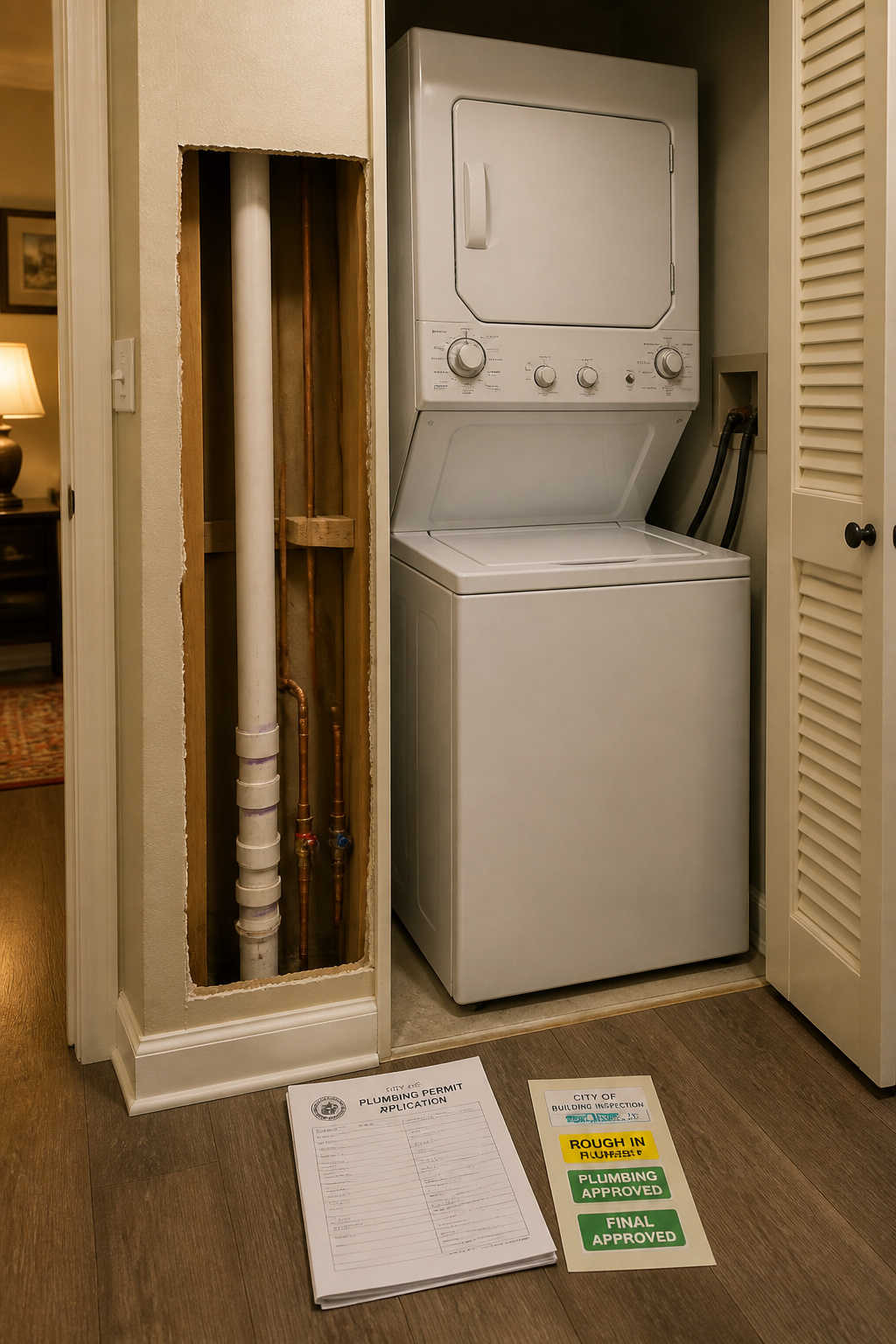 Opened laundry closet wall showing rough plumbing during retroactive inspection