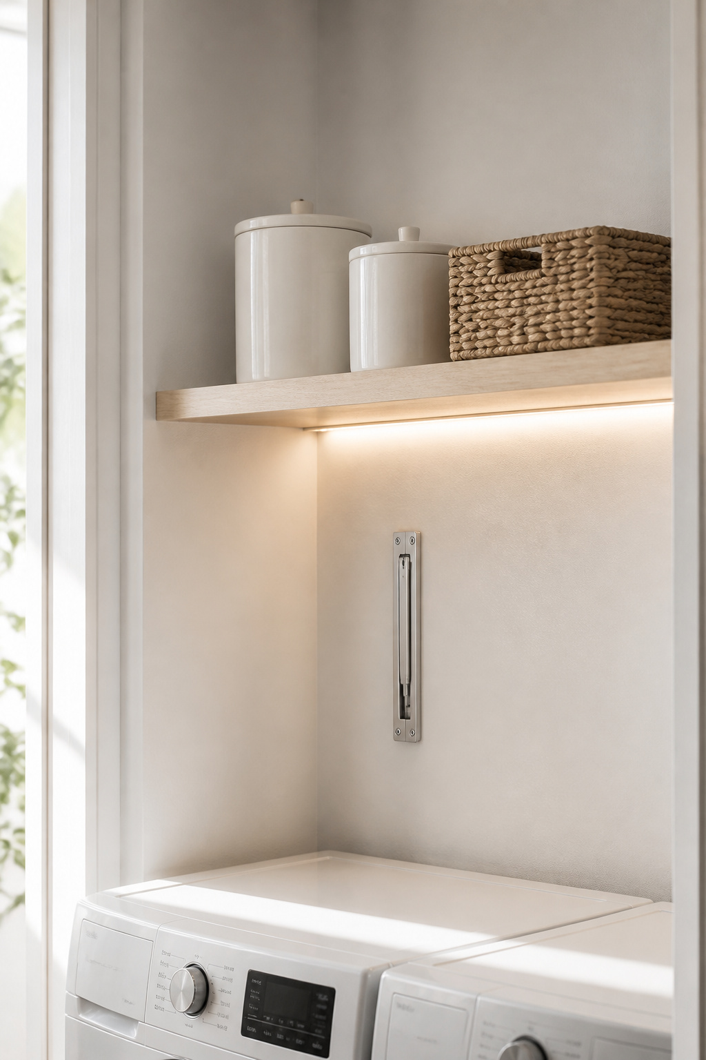 Wall above stacked laundry appliances with birch floating shelf, seagrass basket, and fold-down counter in closed position against white wall
