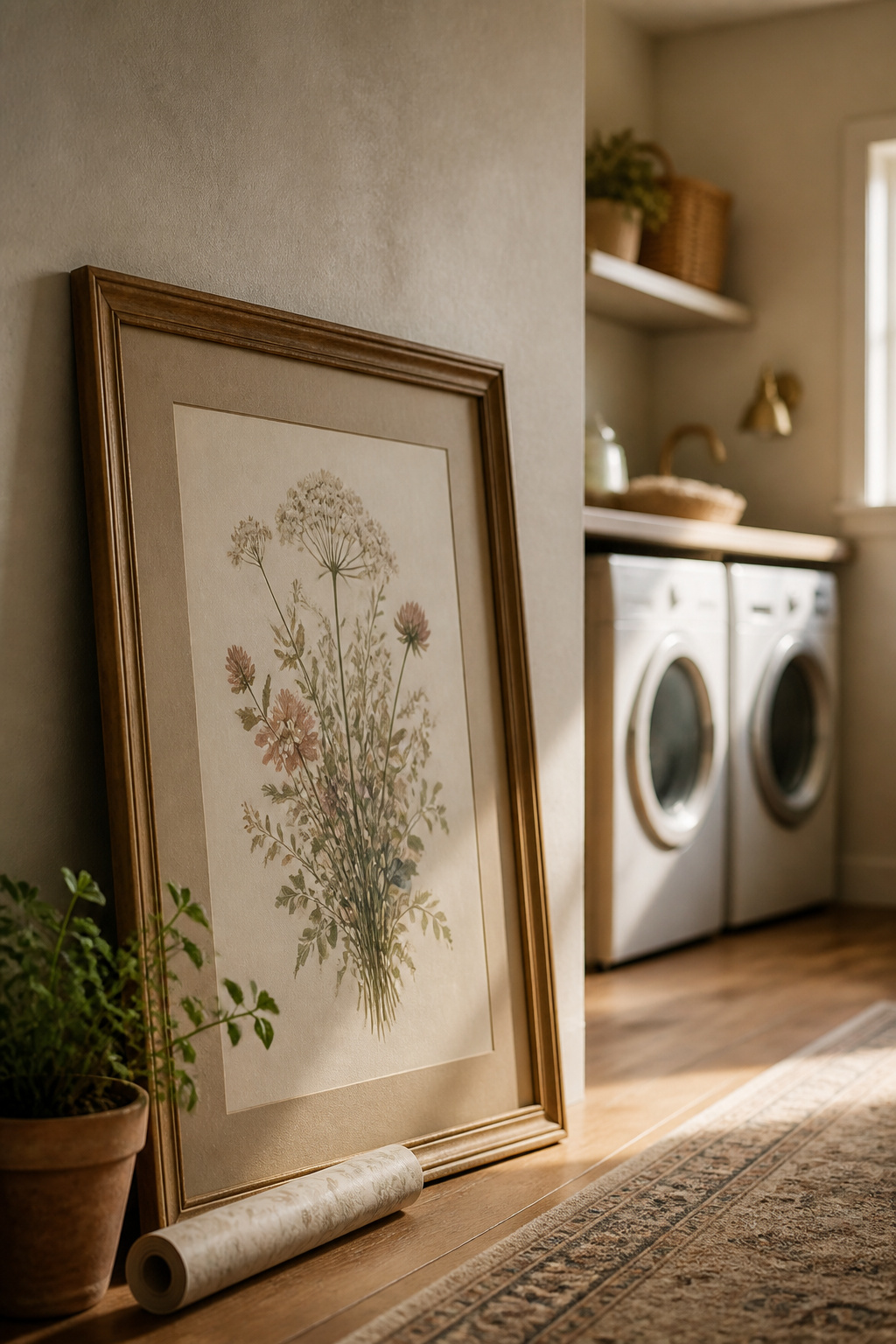 A single framed vintage-style print leaning against a laundry room wall next to a small plant, ready to hang as the first decorating move