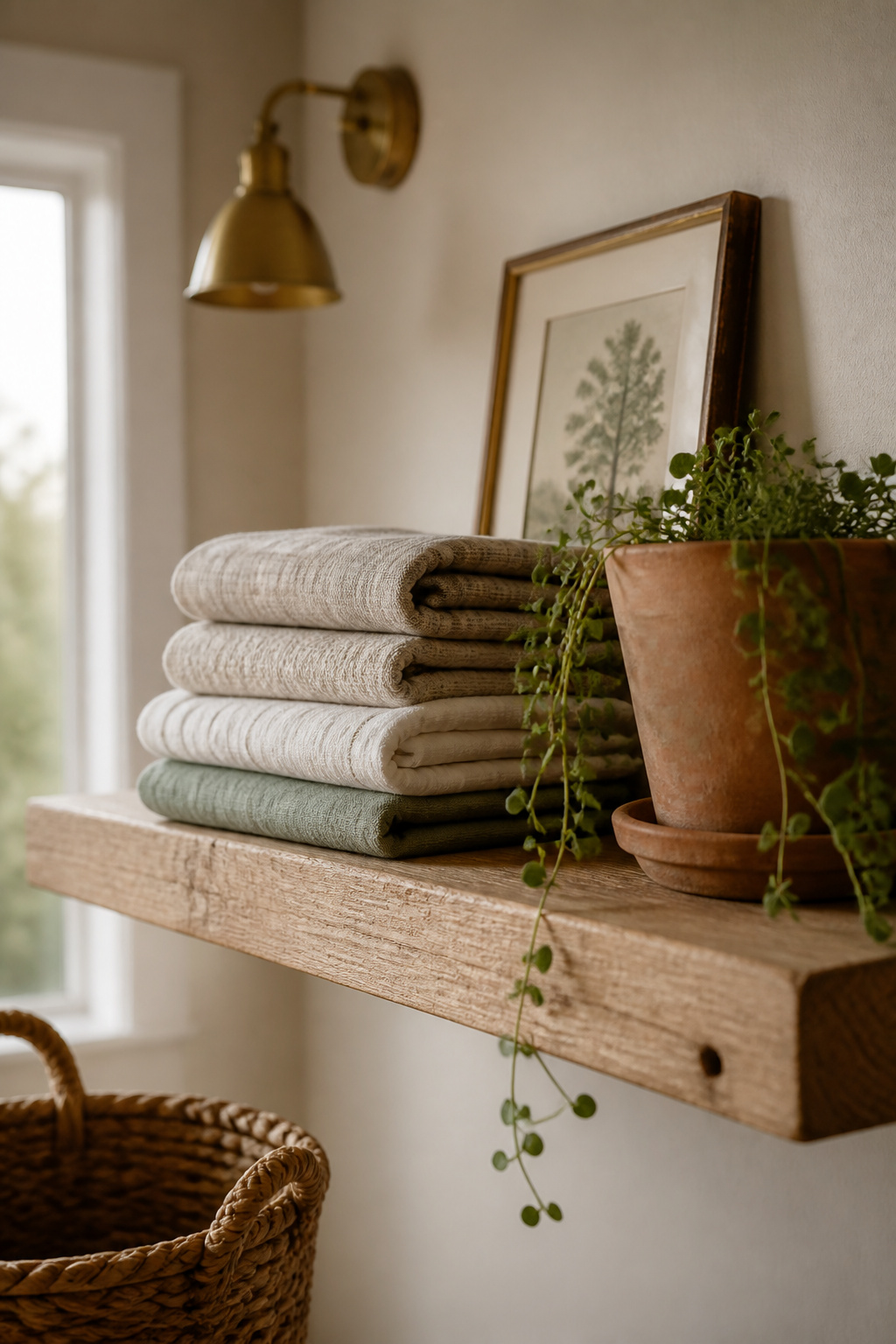 Styled oak laundry shelf with a terracotta plant pot, folded linens and a small framed print showing all four decor layers together
