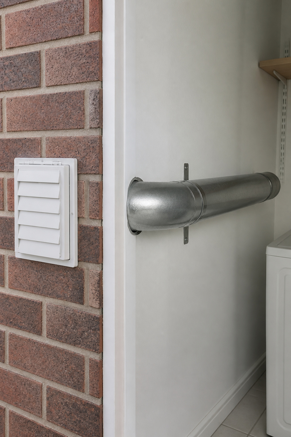 Four-inch rigid galvanised dryer duct running horizontally through a laundry room wall and exiting through a brick exterior wall with a white louvred backdraft damper cap