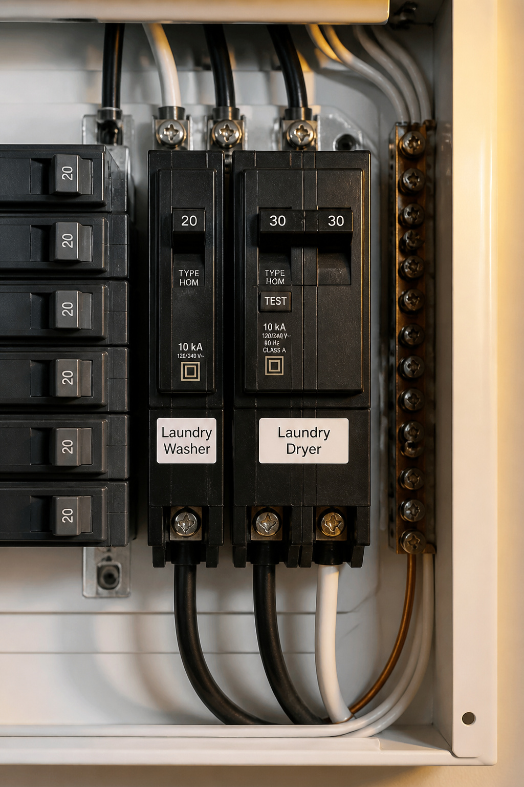 Residential electrical panel showing a 20A single-pole breaker for the laundry washer circuit and a 30A double-pole GFCI breaker for the dryer circuit, both neatly labelled