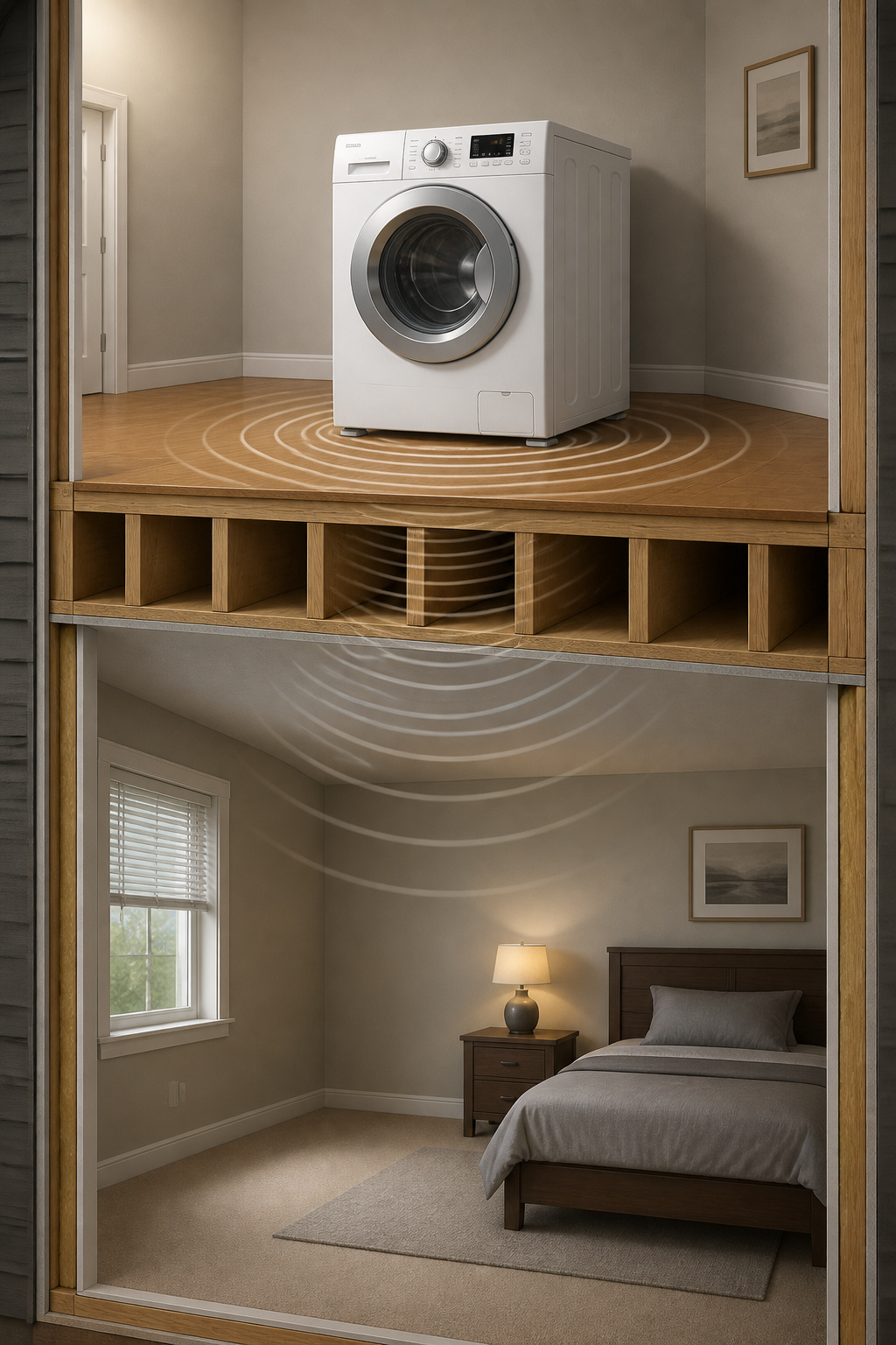 Architectural cross-section showing how washing machine vibration travels through floor joists into the bedroom ceiling below
