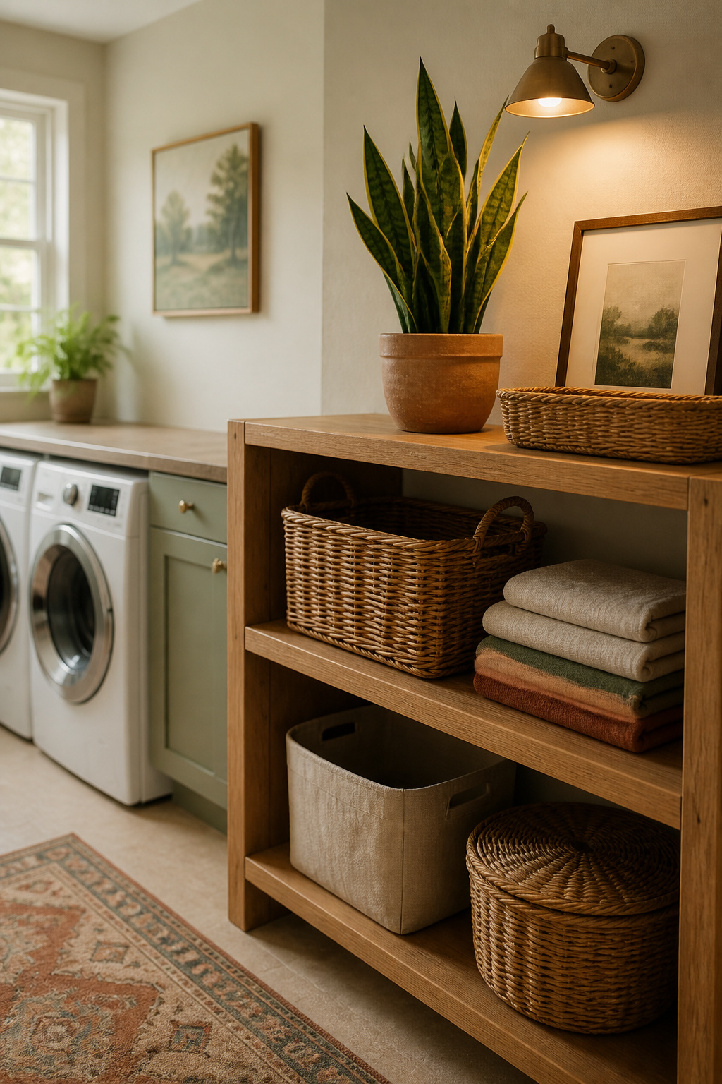 Laundry room corner with a snake plant, framed art, woven basket and runner rug styled together
