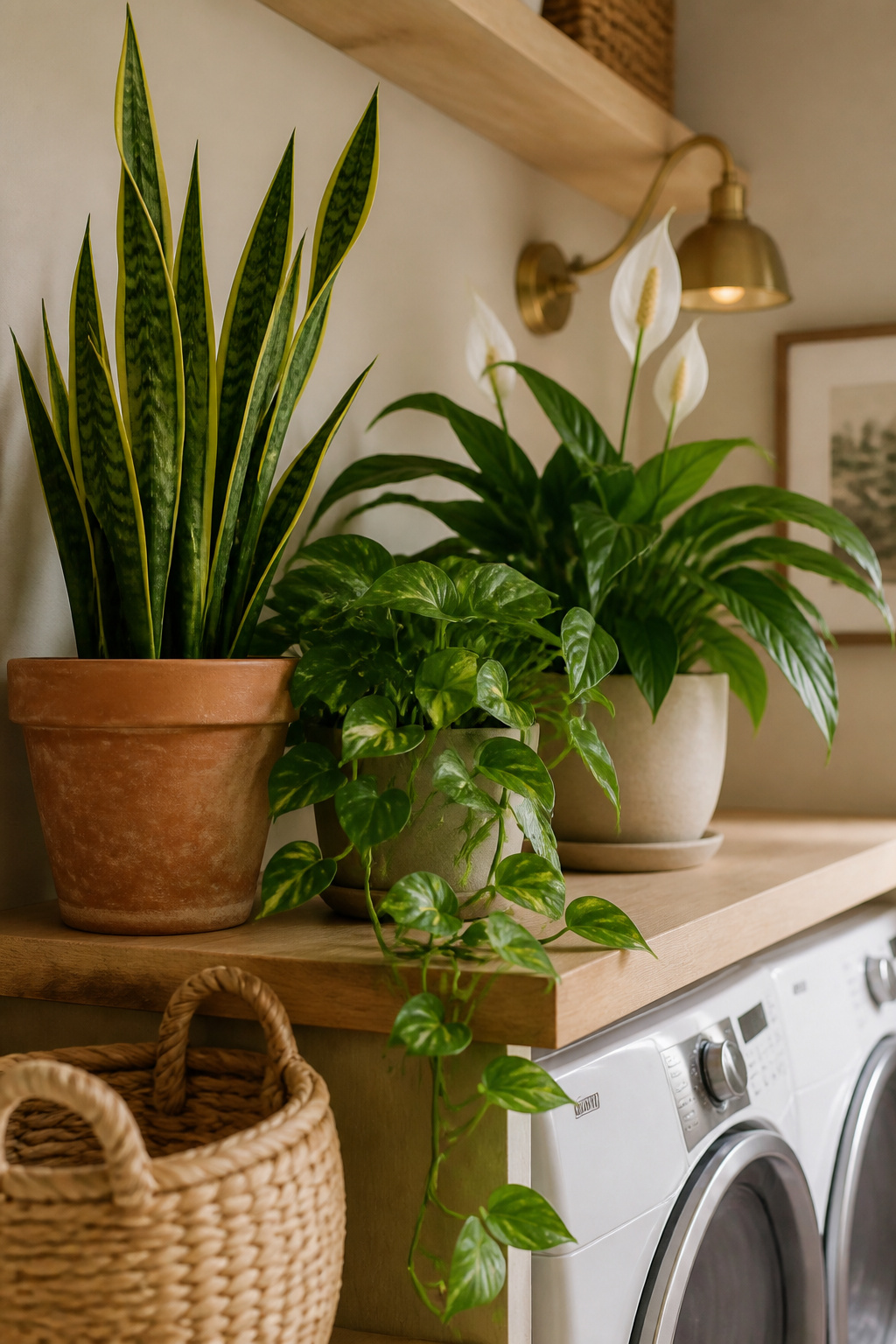 Snake plant, trailing pothos, and peace lily grouped together on an open laundry room shelf