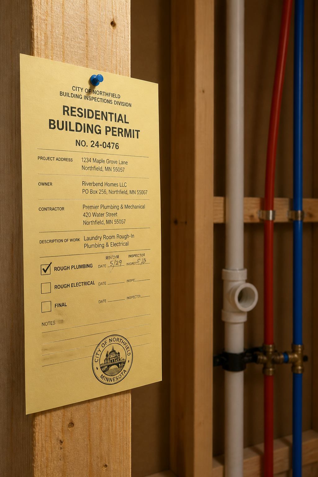 Building permit card tacked to a laundry room wall stud showing rough-plumbing inspection checkmark, with standpipe and PEX supply lines visible in the unfinished wall behind it