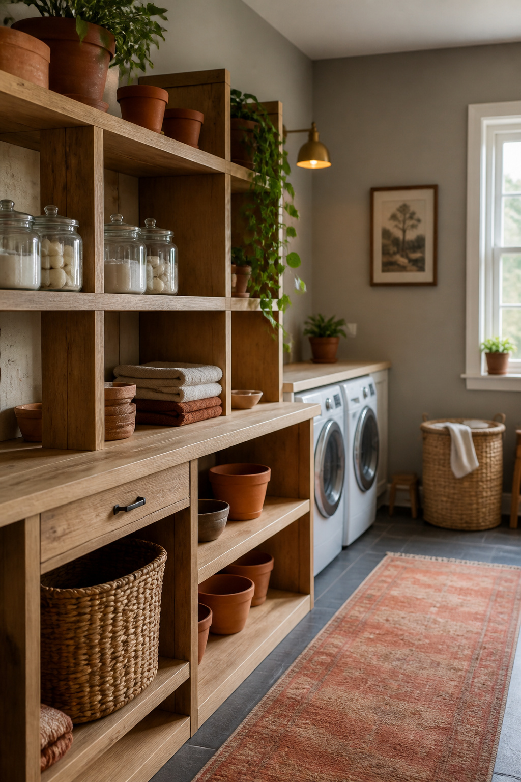 Warm farmhouse-style laundry room with open oak shelving, terracotta pots, a woven basket and a framed vintage print