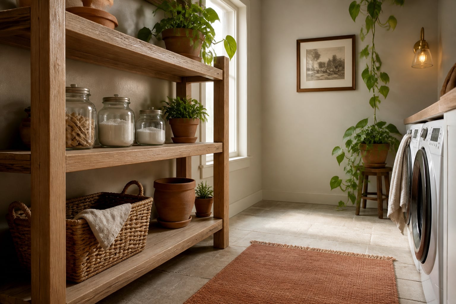 Warm farmhouse-style laundry room with open oak shelving, terracotta pots, a woven basket and a framed vintage print